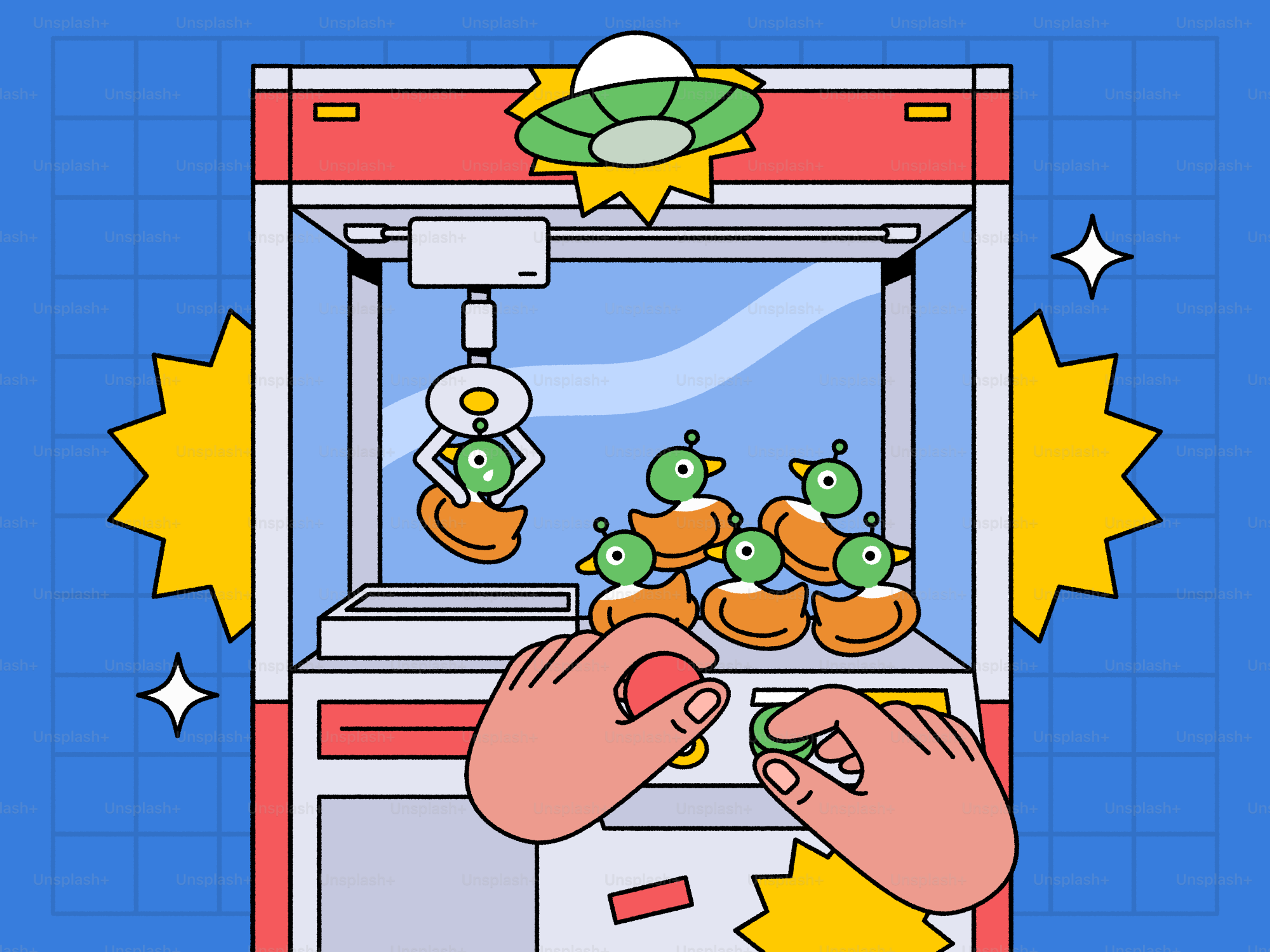Uma máquina de garras com alienígenas verdes parecidos com patinhos.