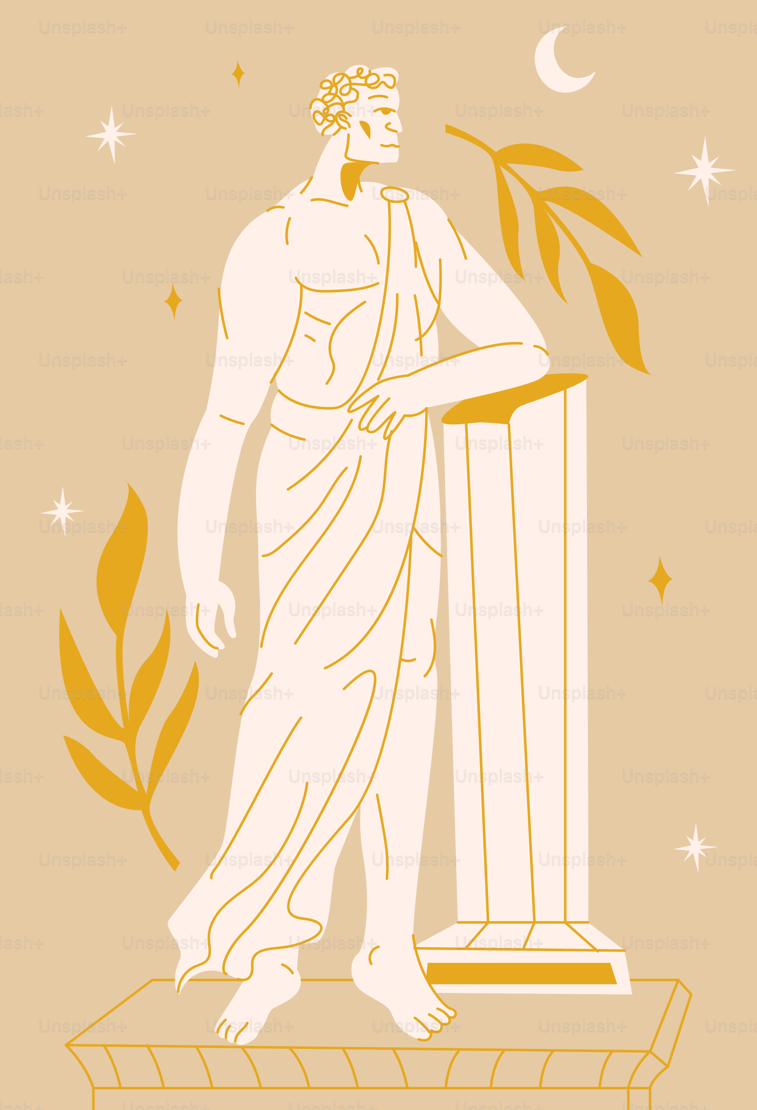 A greek statue stands near a column and stars.