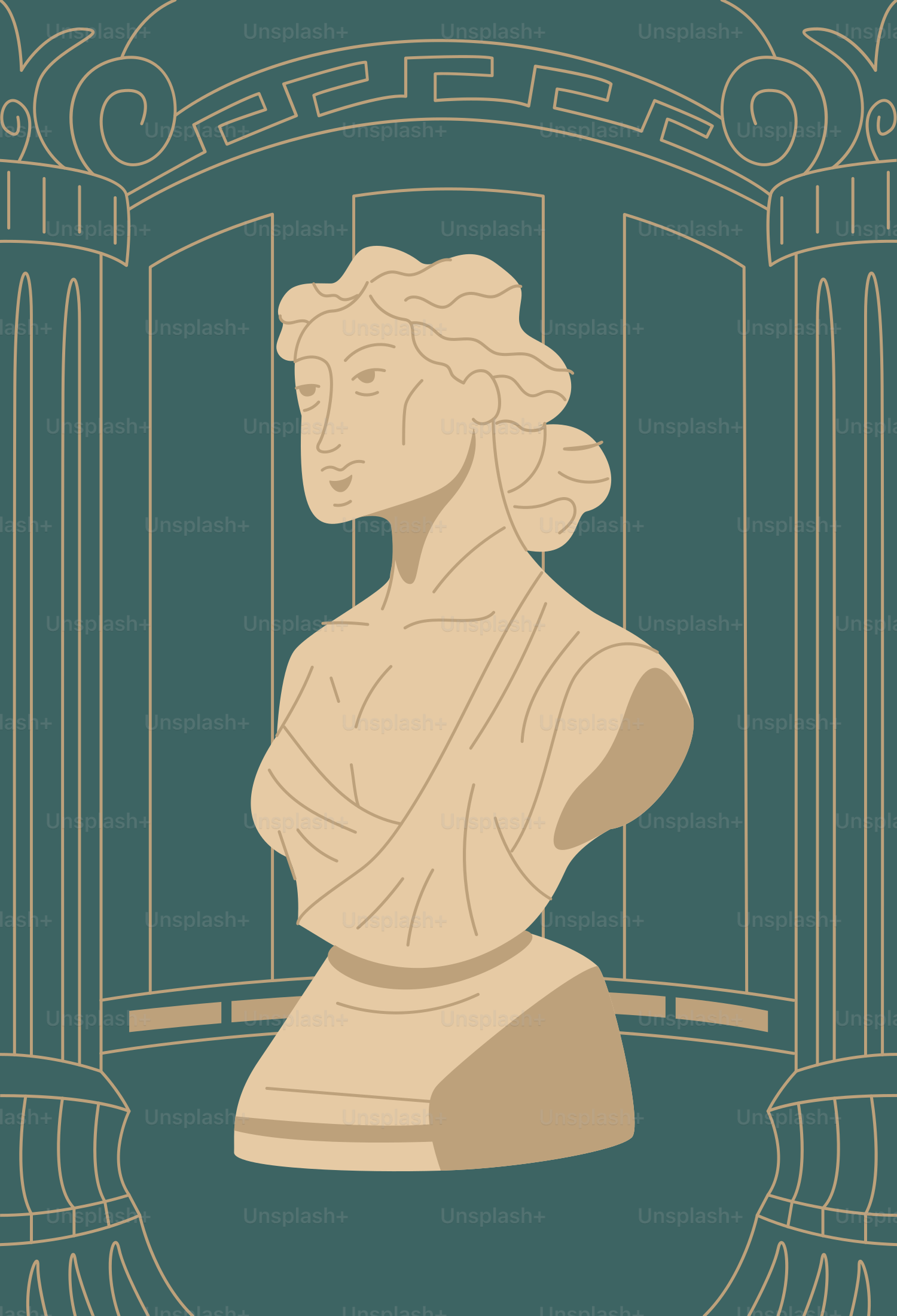 An ancient greek bust standing in a structure.