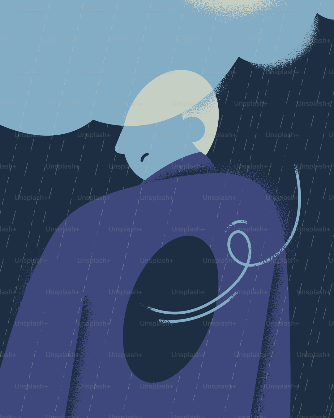 Person with a hole feels empty in the pouring rain.