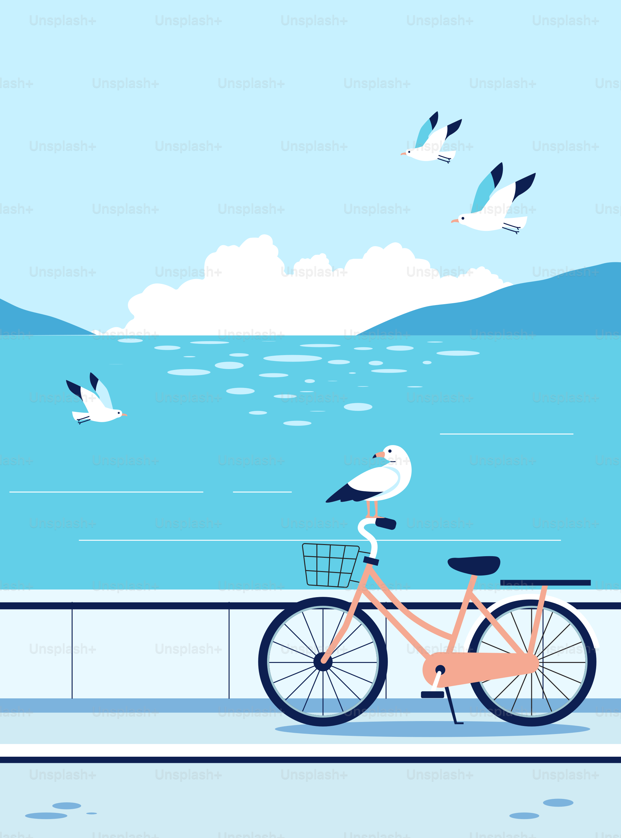 Ein Fahrrad steht neben einem Meer mit Möwen.