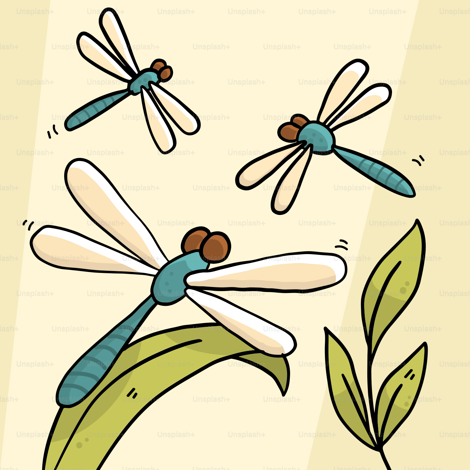 Three dragonflies are flying near green leaves.