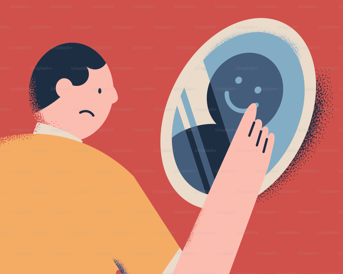 Man versucht, ein Lächeln im Spiegel hervorzuzwingen.