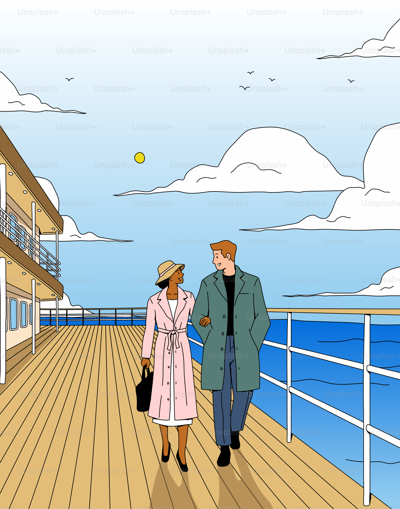 Couple strolls along a ship deck, enjoying the day.