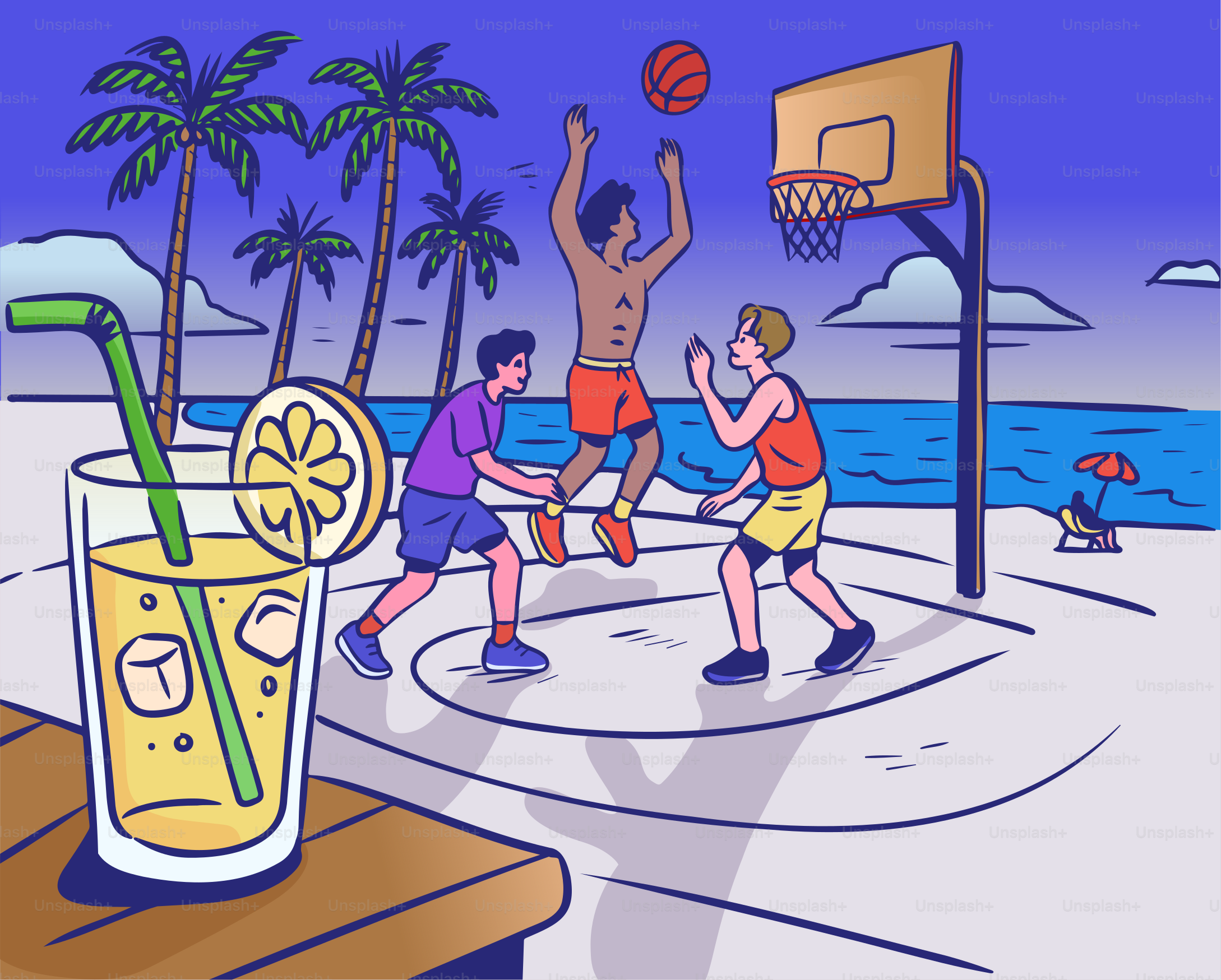 Amigos jogam basquete em uma praia ensolarada