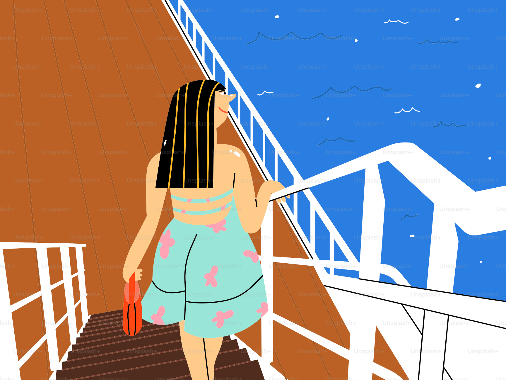 Woman walks on a ship deck towards the ocean.