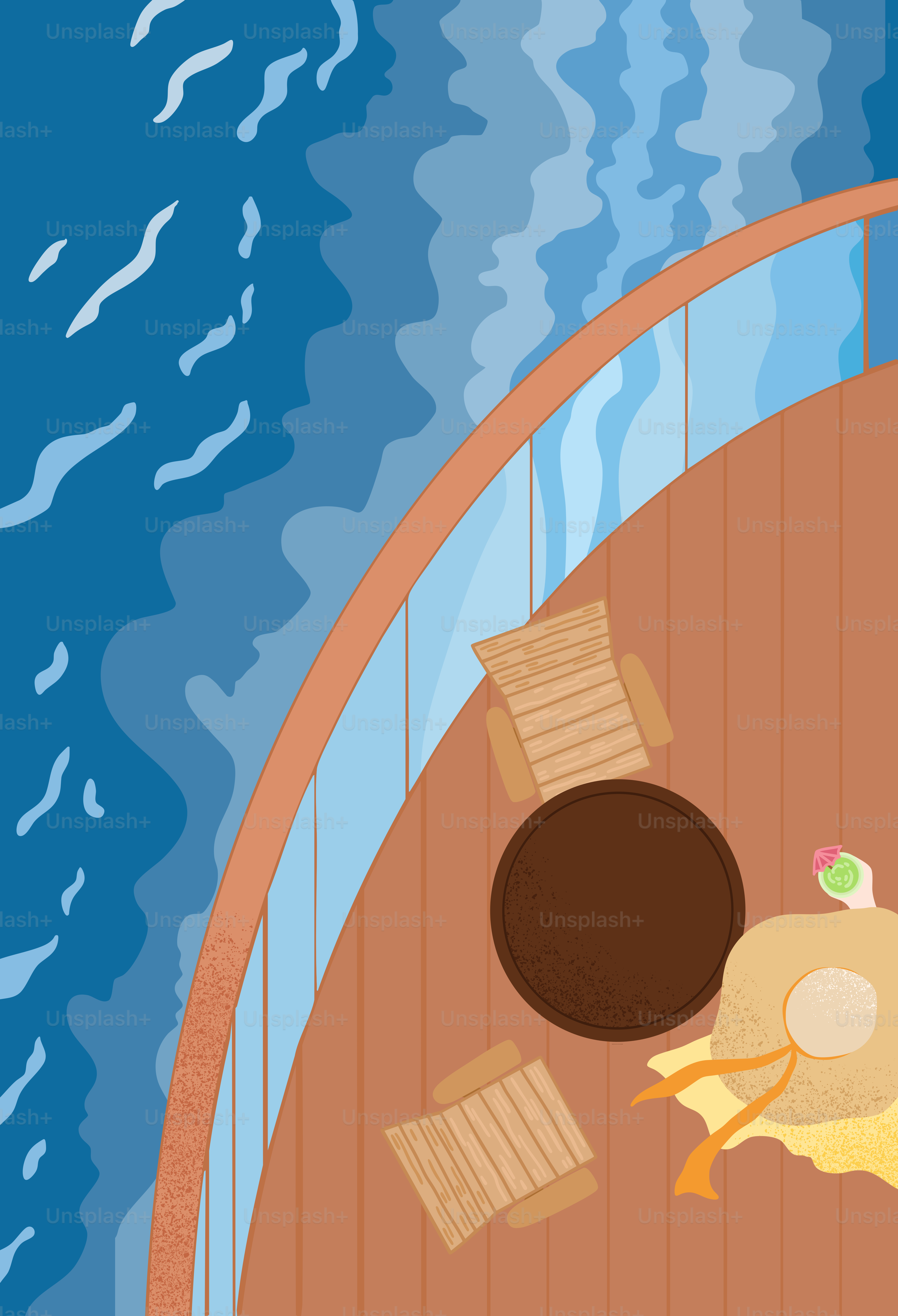 Relaxing on a deck overlooking the ocean.