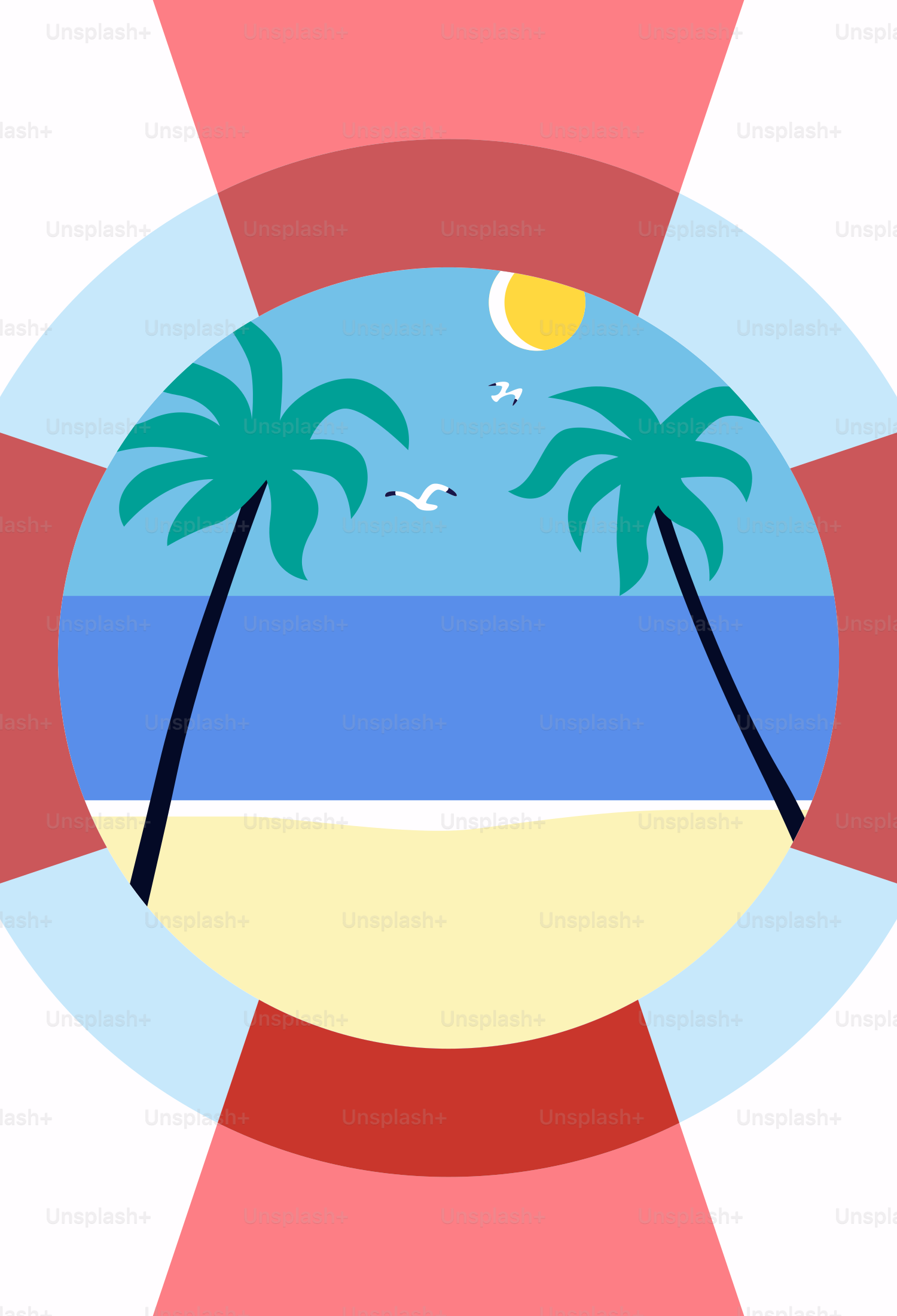 A beach scene is seen through a lifebuoy.