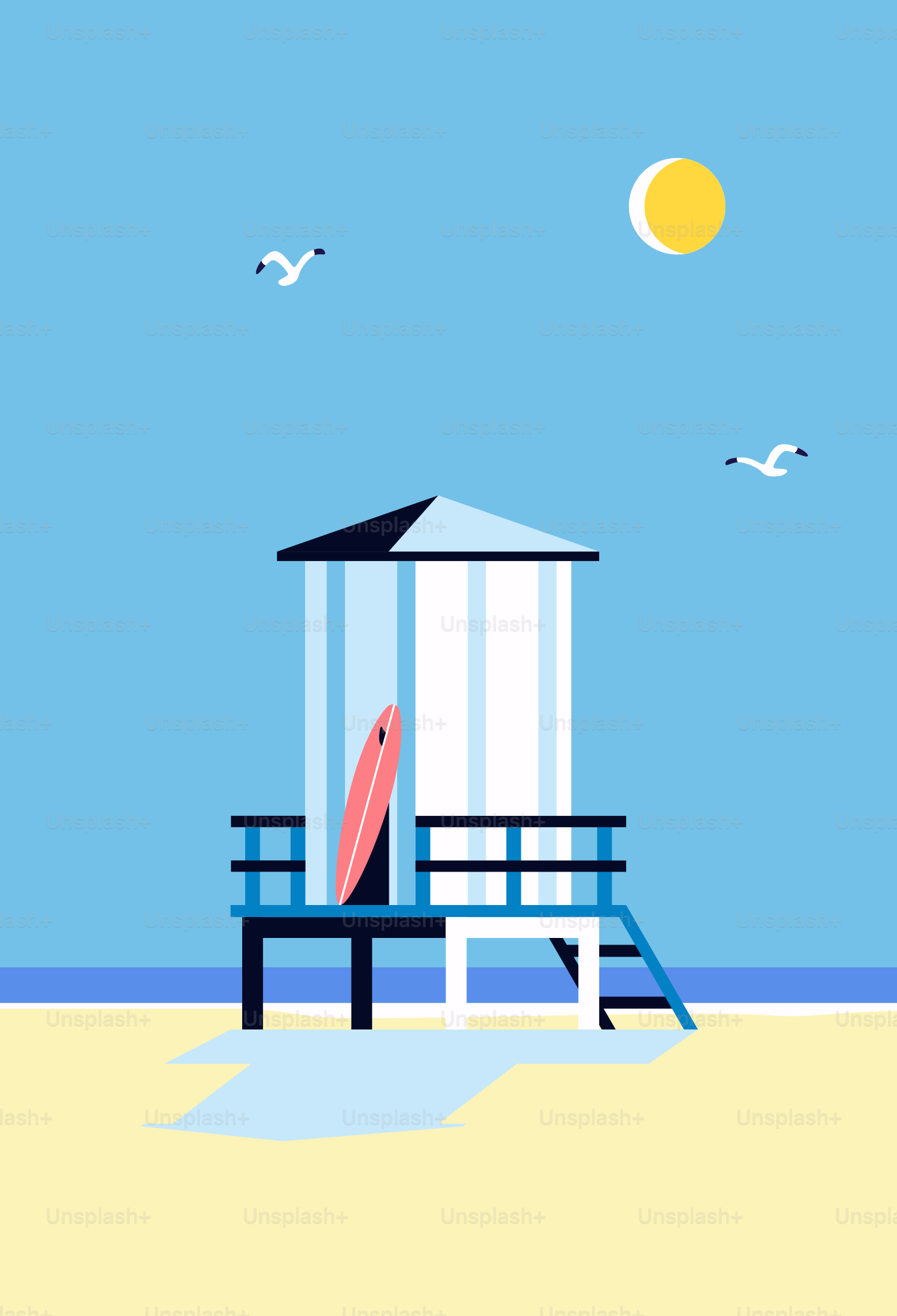 Beach scene features lifeguard tower and surfboard.