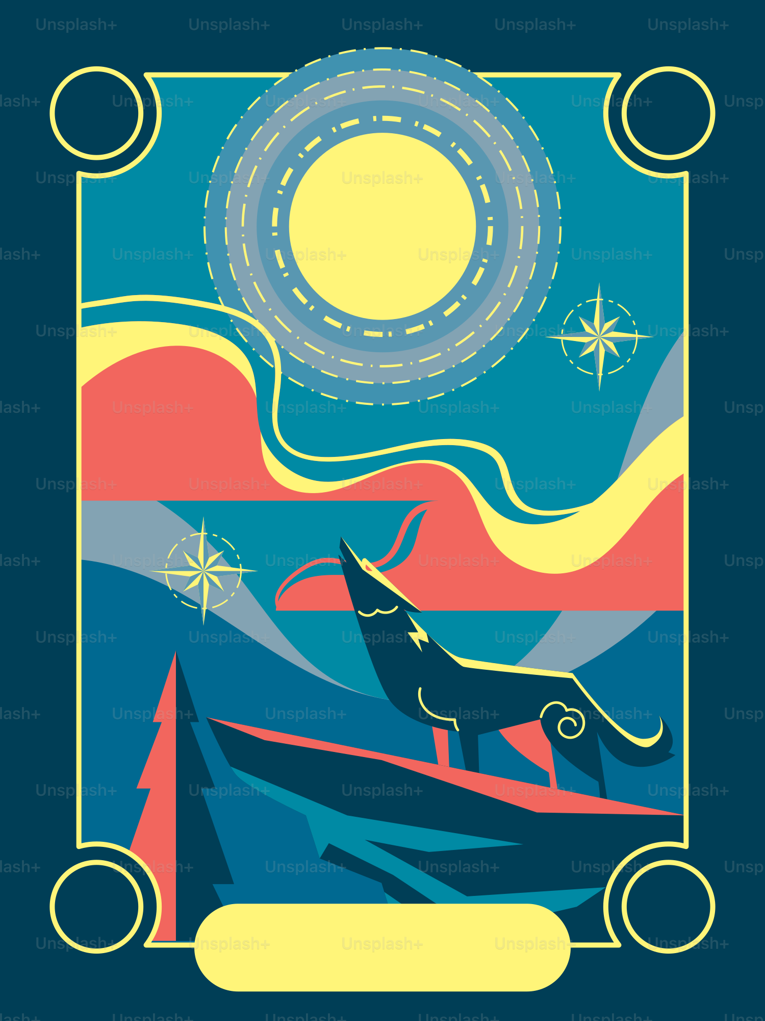 A wolf howls under a bright sun.