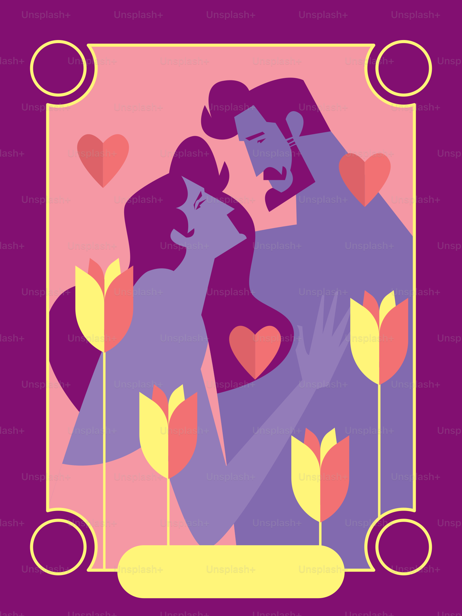 Un couple s’embrassant, entouré de tulipes et de cœurs.