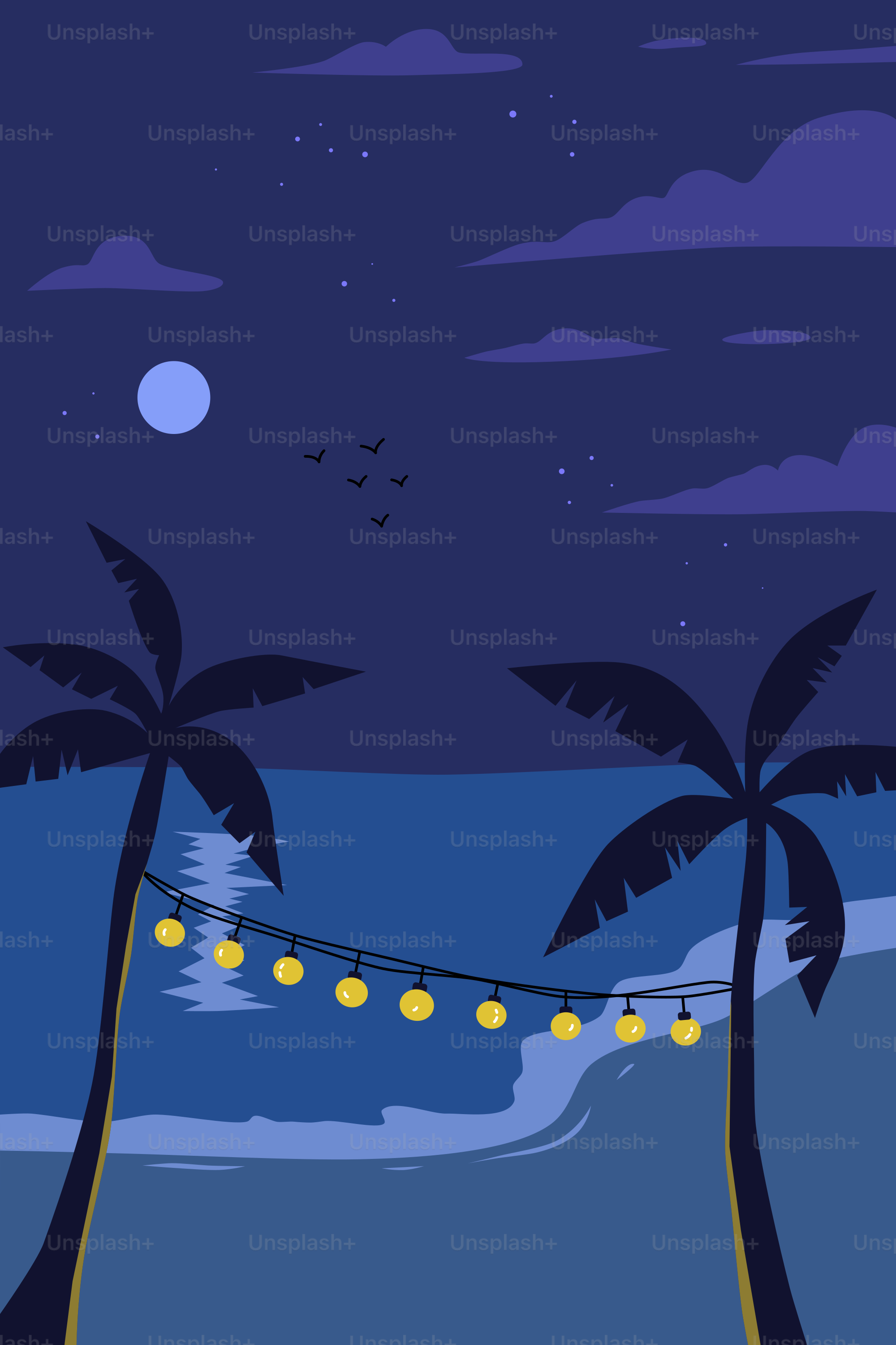 Scène de plage nocturne avec des palmiers.