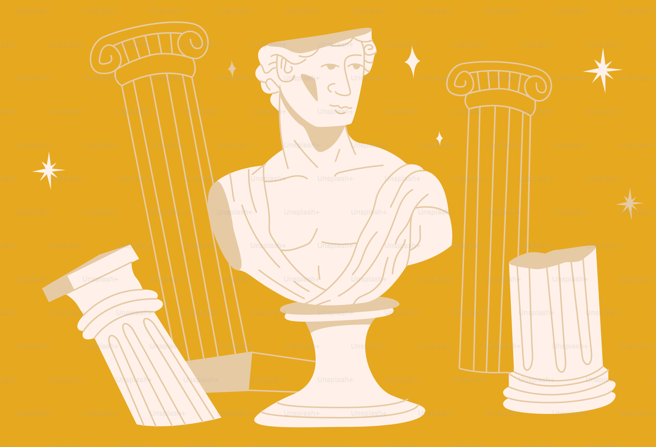 Ancient bust and columns on a golden background.