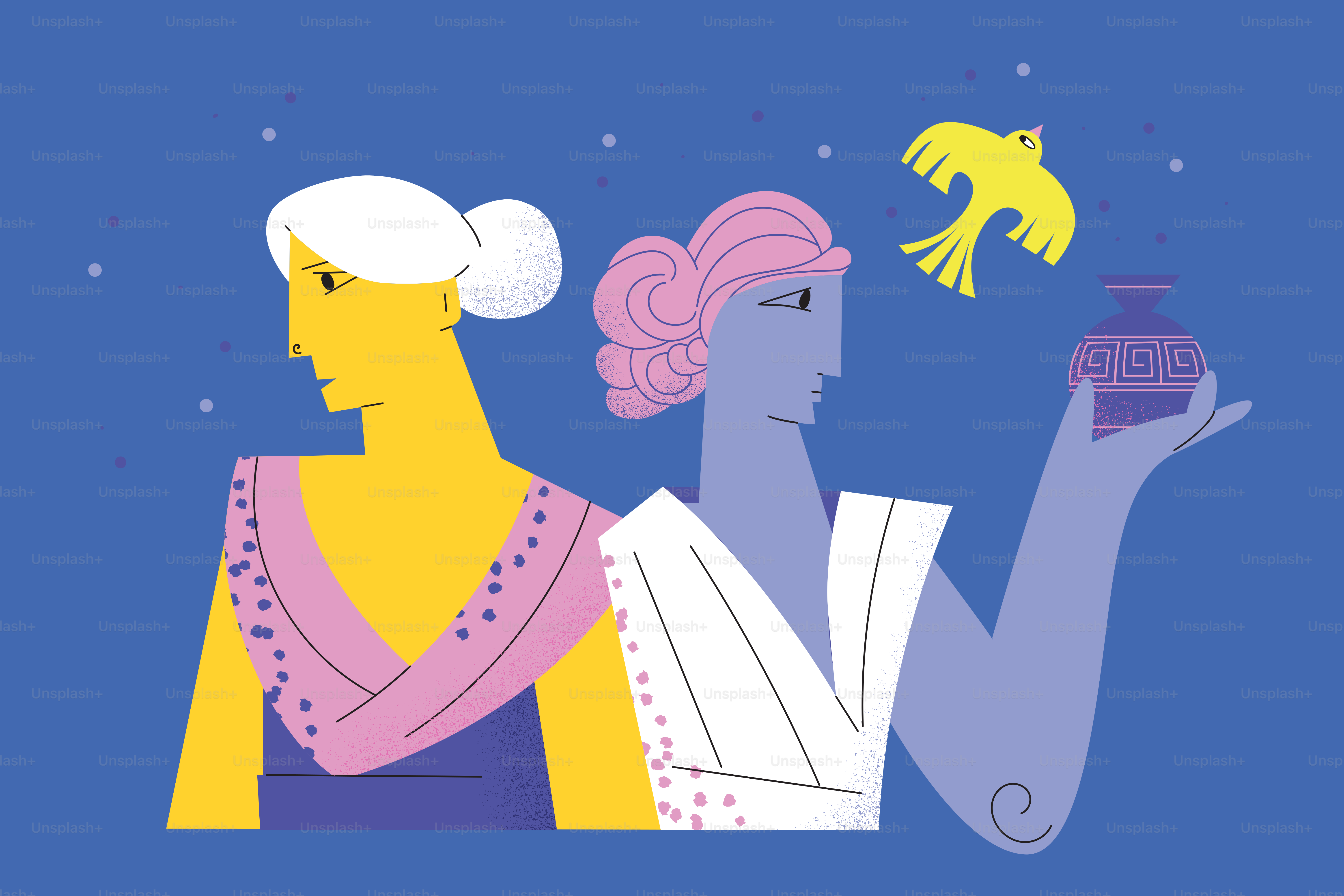 Two greek women holding a vase and a bird.