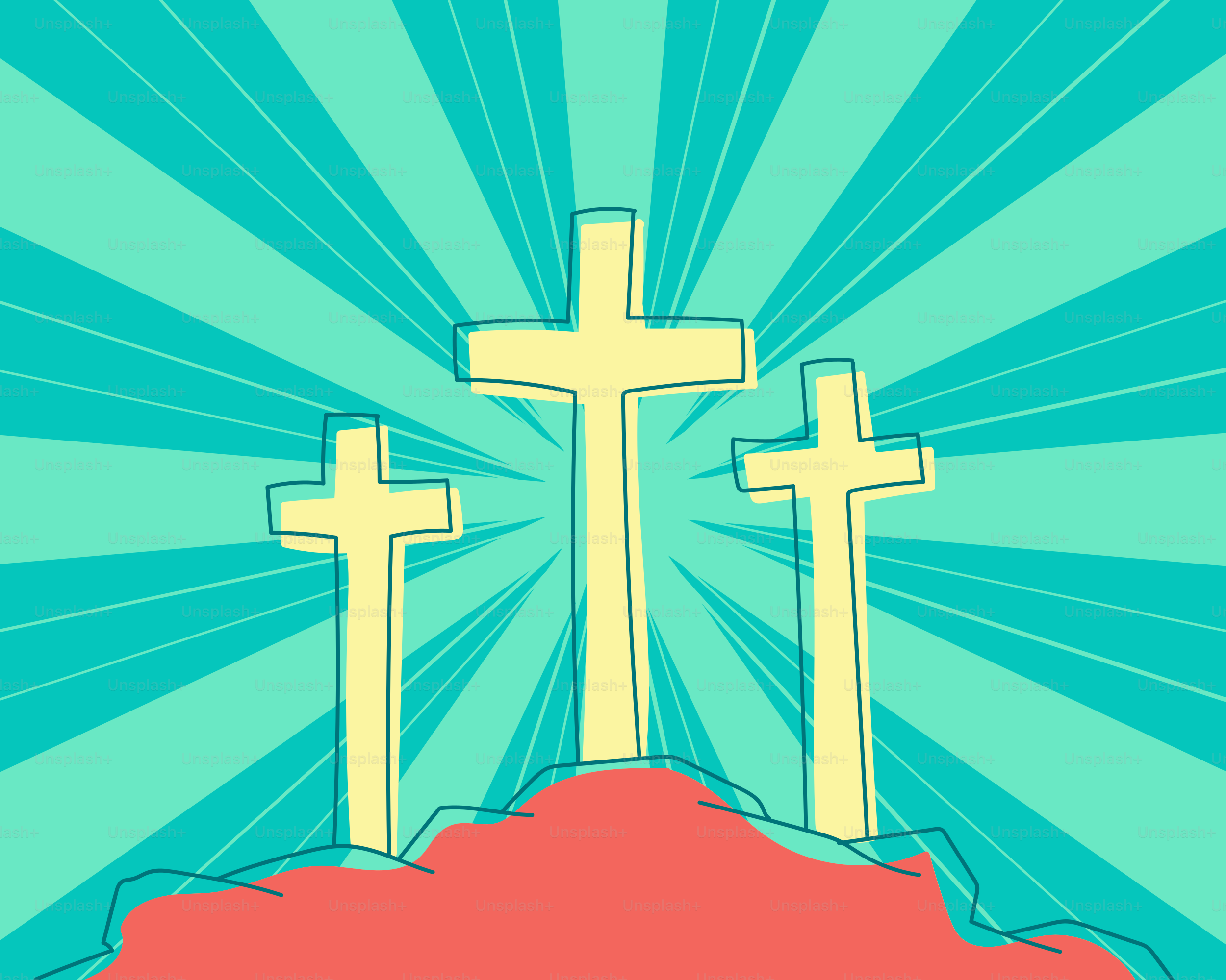 Three crosses stand against a blue background.