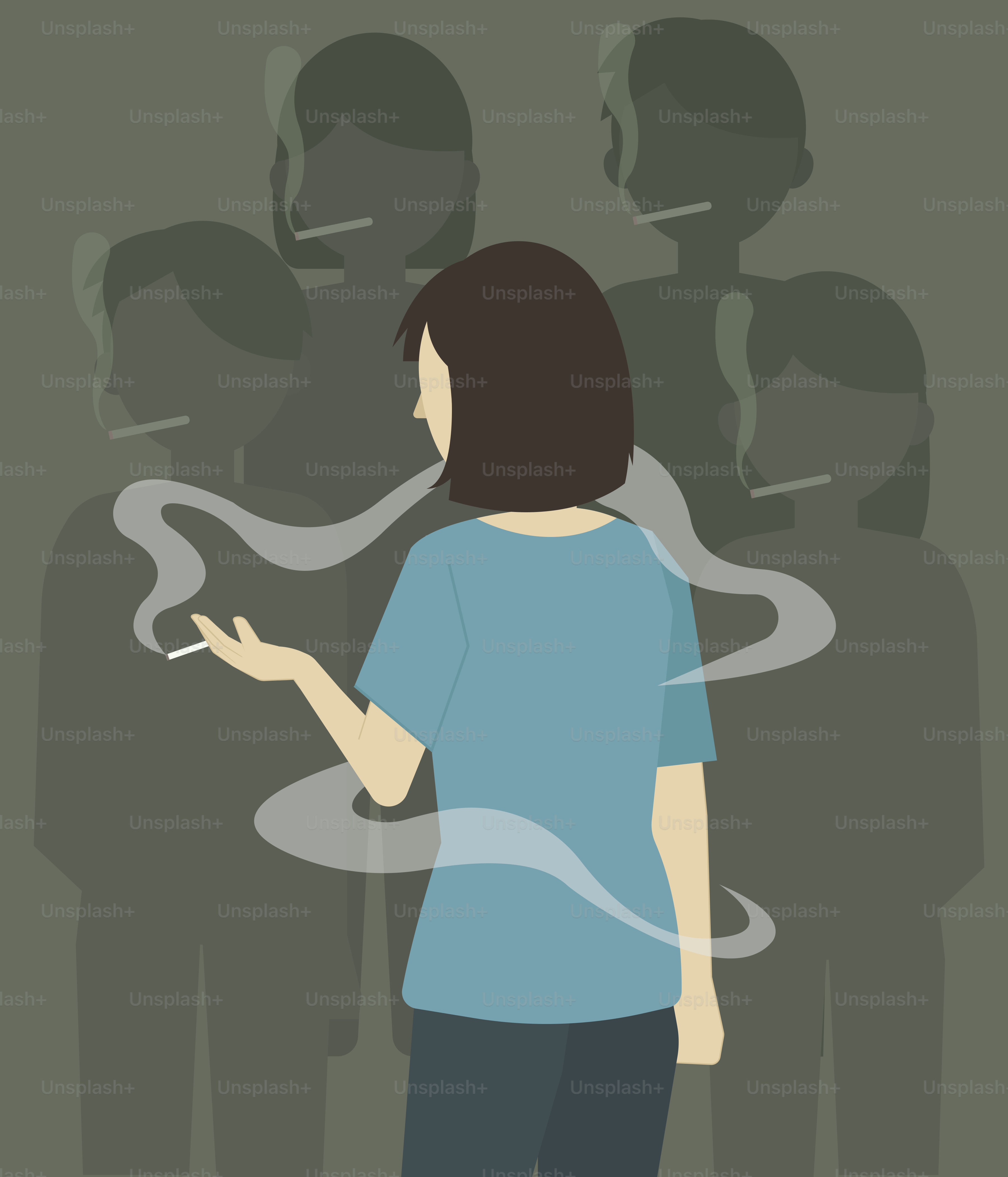 A woman smokes with people smoking around her.