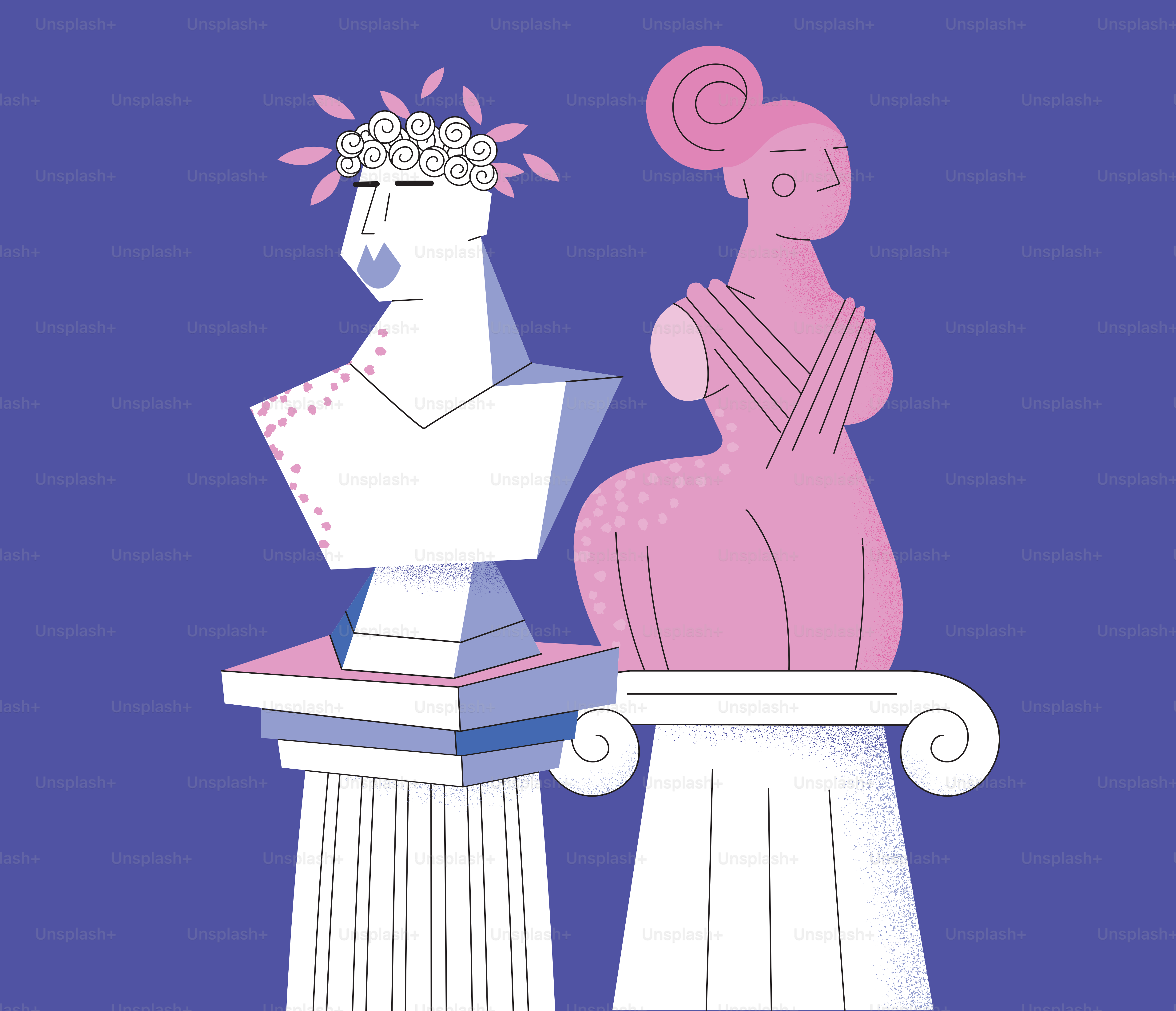 Two classical busts stand on pillars.