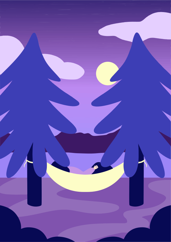 A hammock hangs between two trees at night.