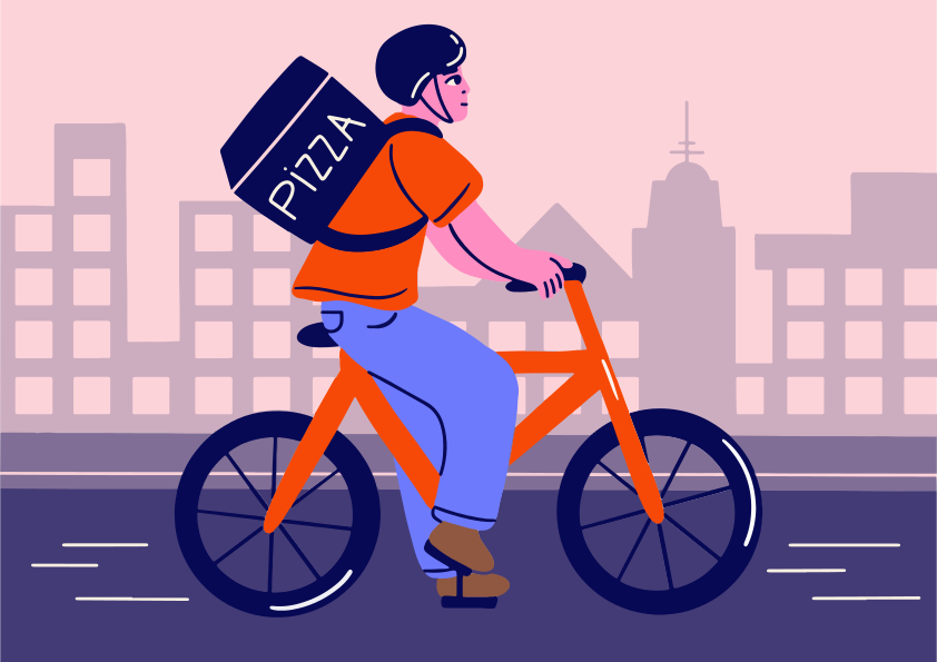Livreur de pizza à vélo dans la ville.