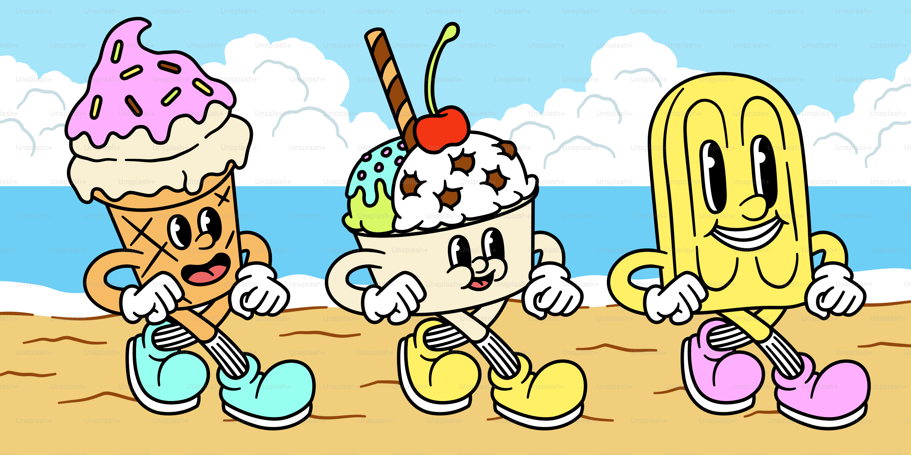 Cartoon ice cream characters are walking on a beach.