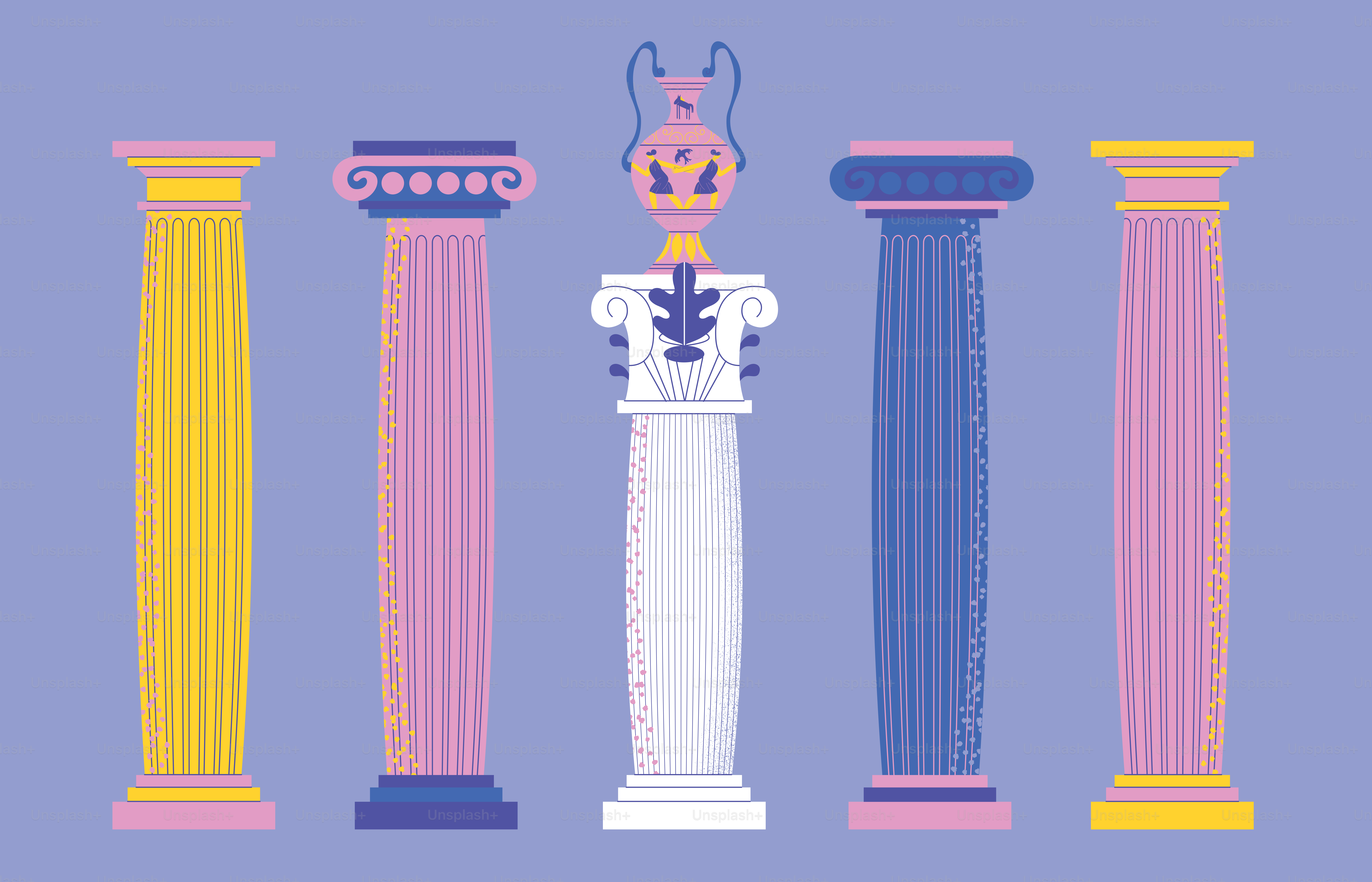 Cinque colonne decorative sono disposte in fila.