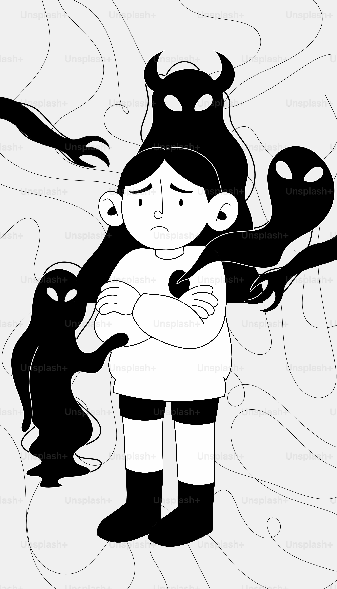 Ein junger Mensch ist von Dunkelheit und Gestalten umgeben.