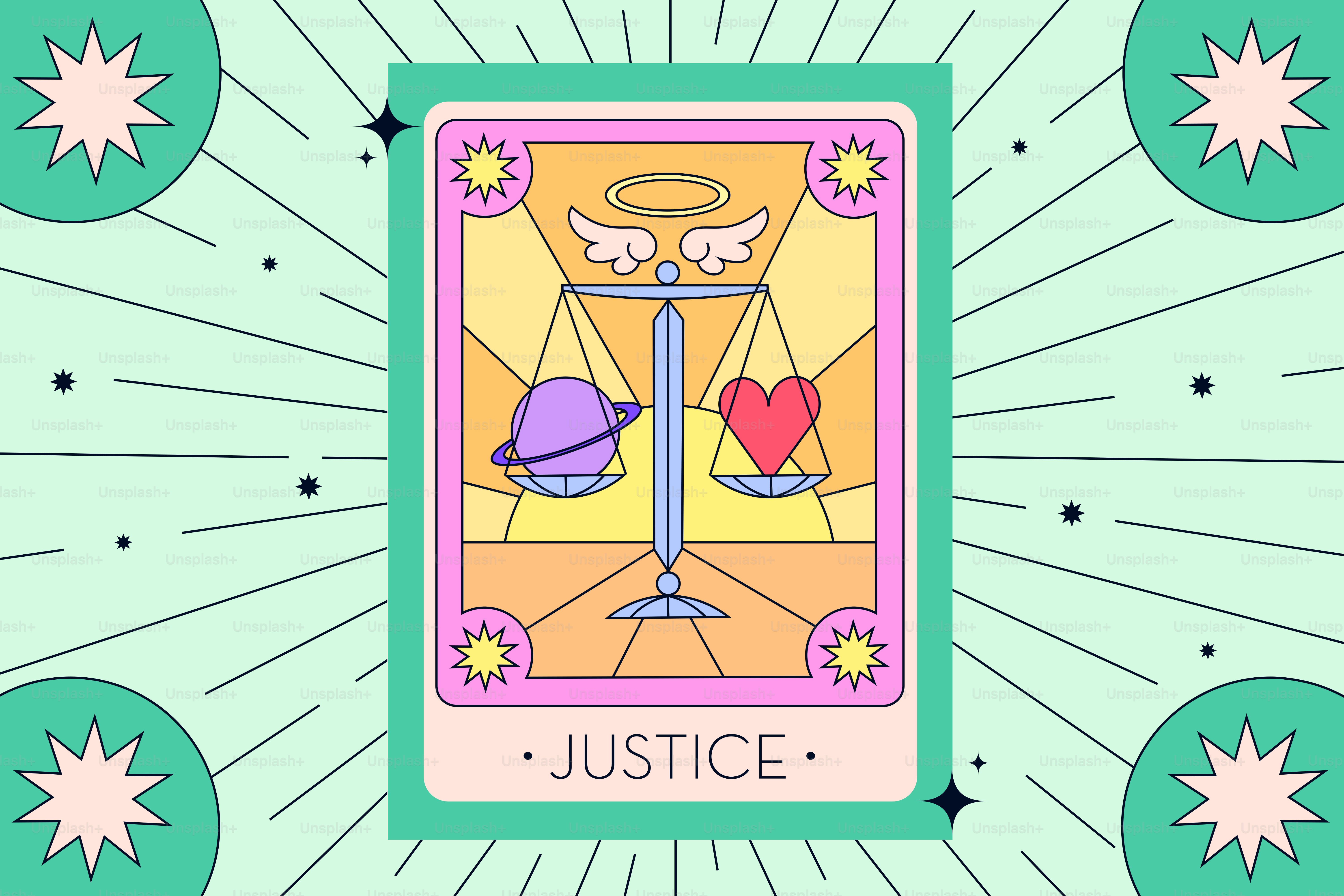Une carte de tarot de justice avec un cœur et une planète.