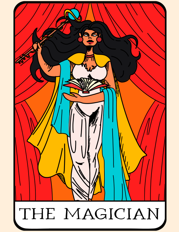 The magician card depicts a woman with symbols.