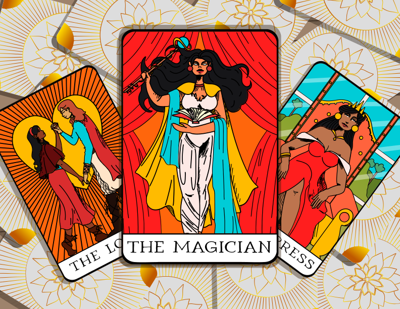 Cartes de tarot : les amoureux, le magicien et l’impératrice.