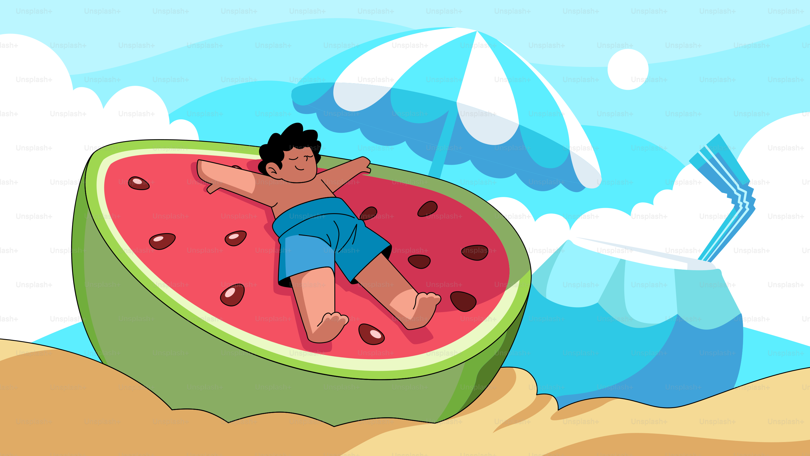 Genießen Sie den Sommerspaß mit Wassermelone und einem Getränk.