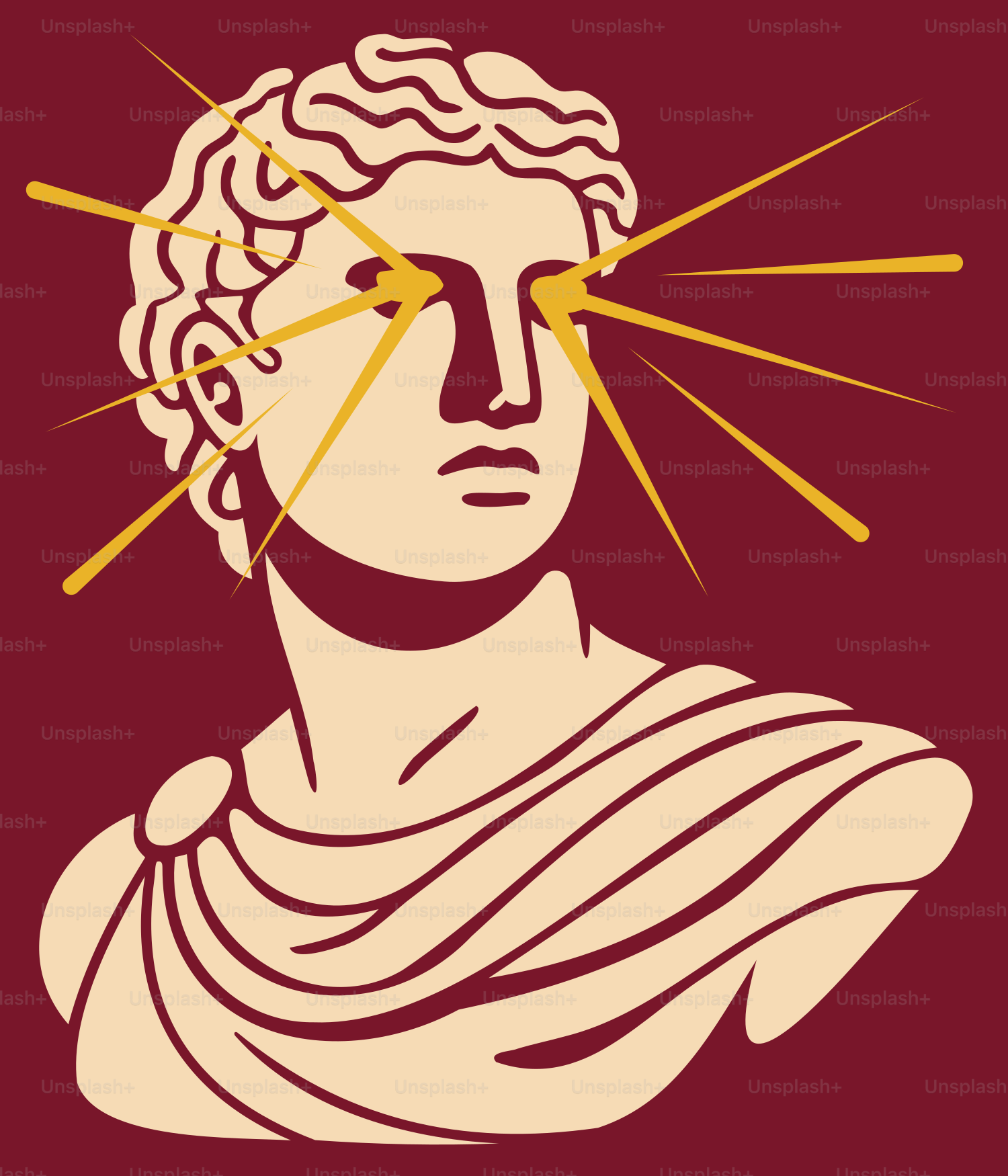 Une statue projetant une lumière dorée de ses yeux.