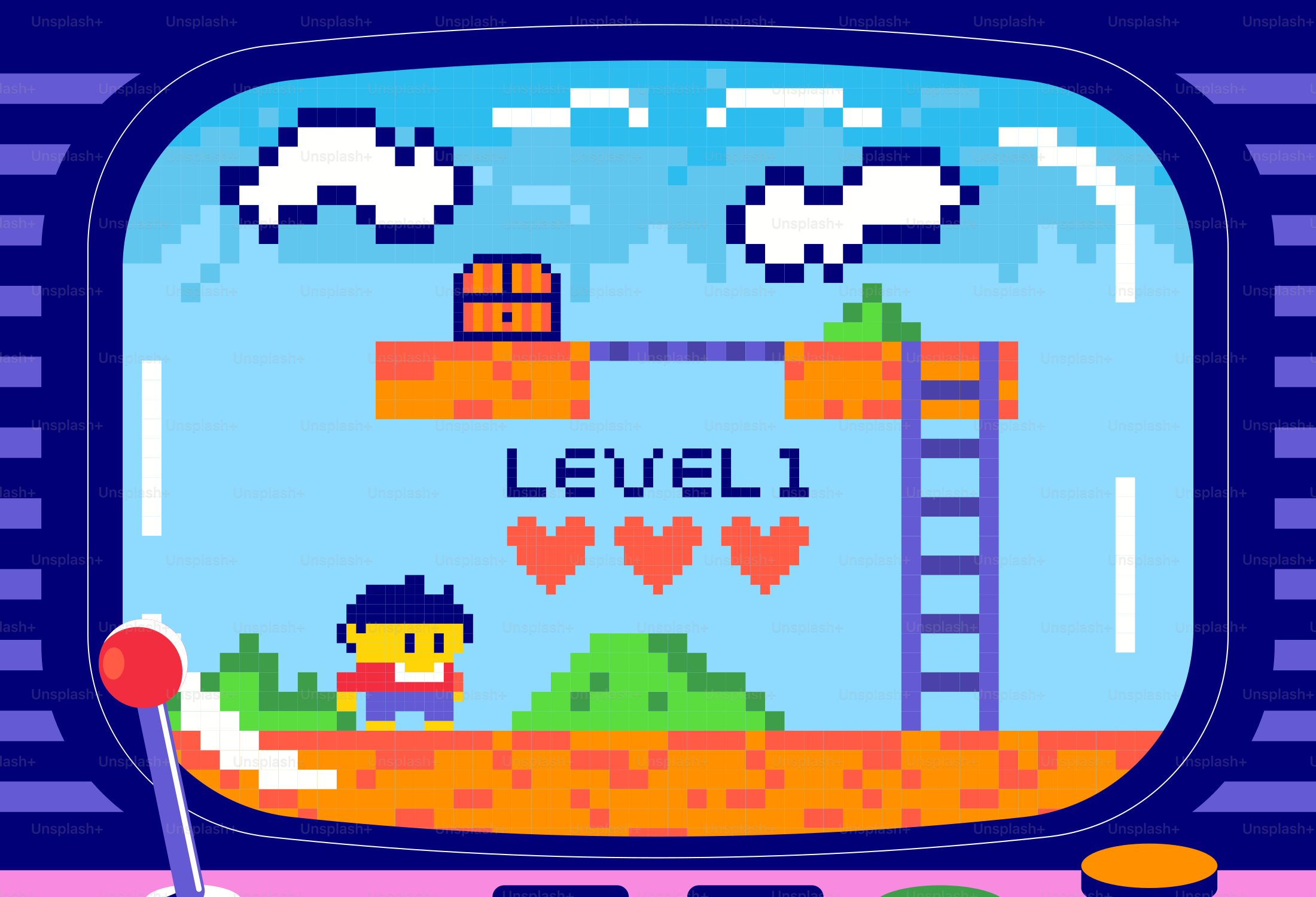 A pixelated video game is shown, ready to play.