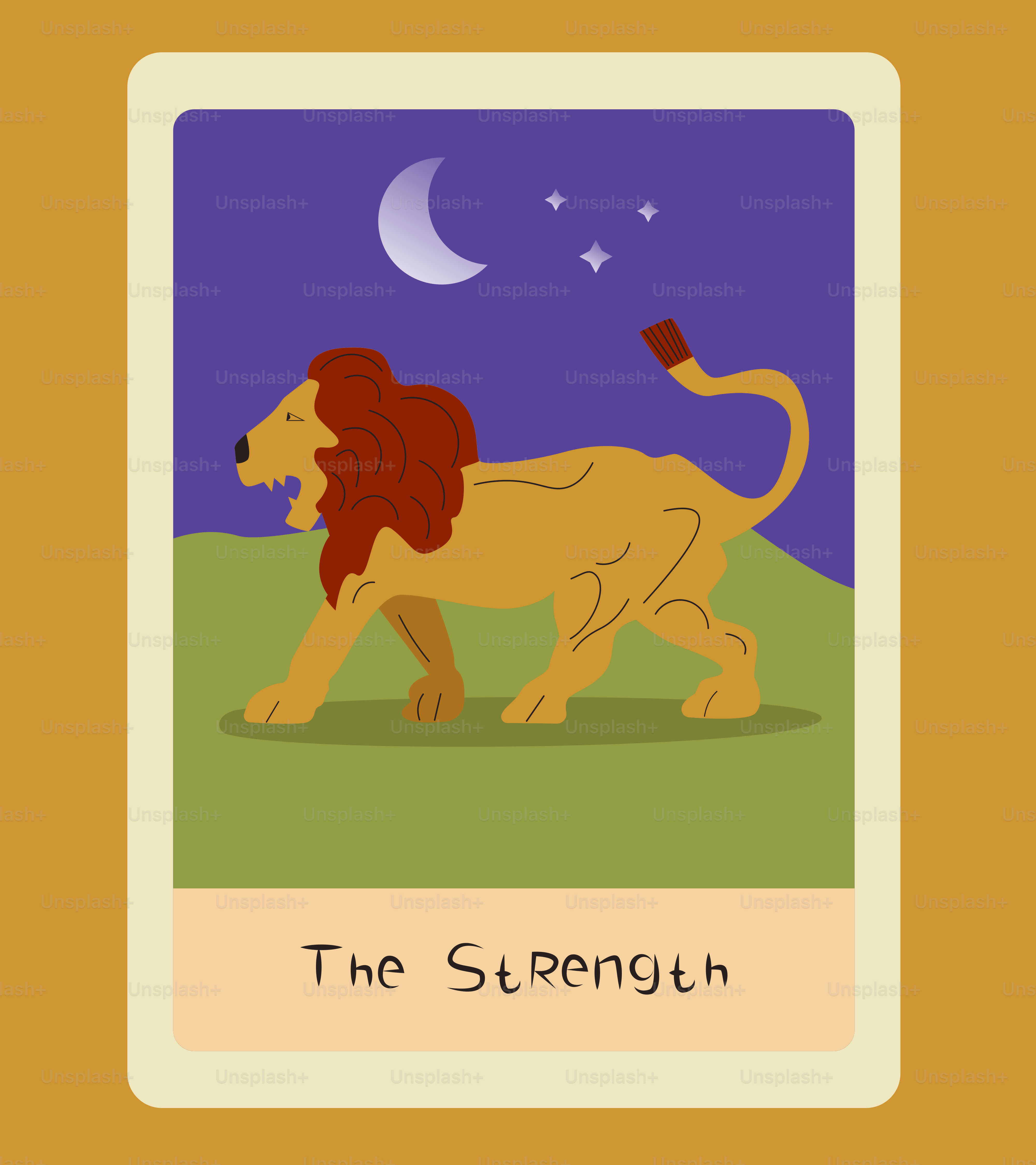 Kartu tarot kekuatan menunjukkan seekor singa.