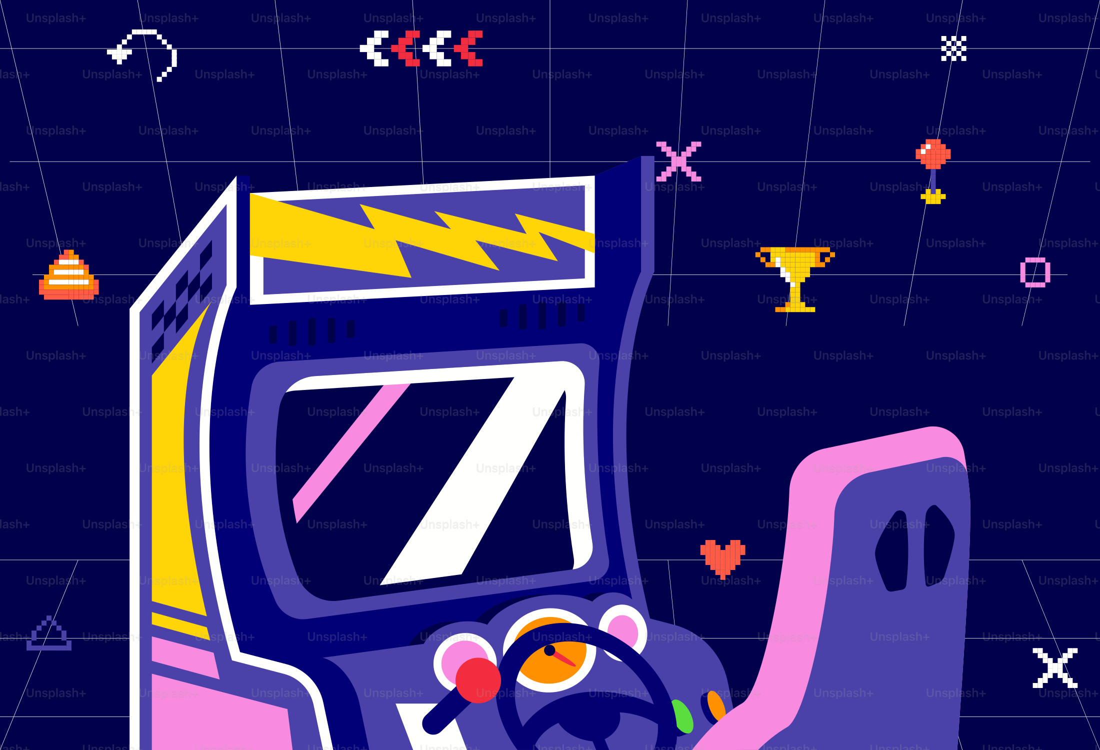 A retro arcade game machine with gaming elements.