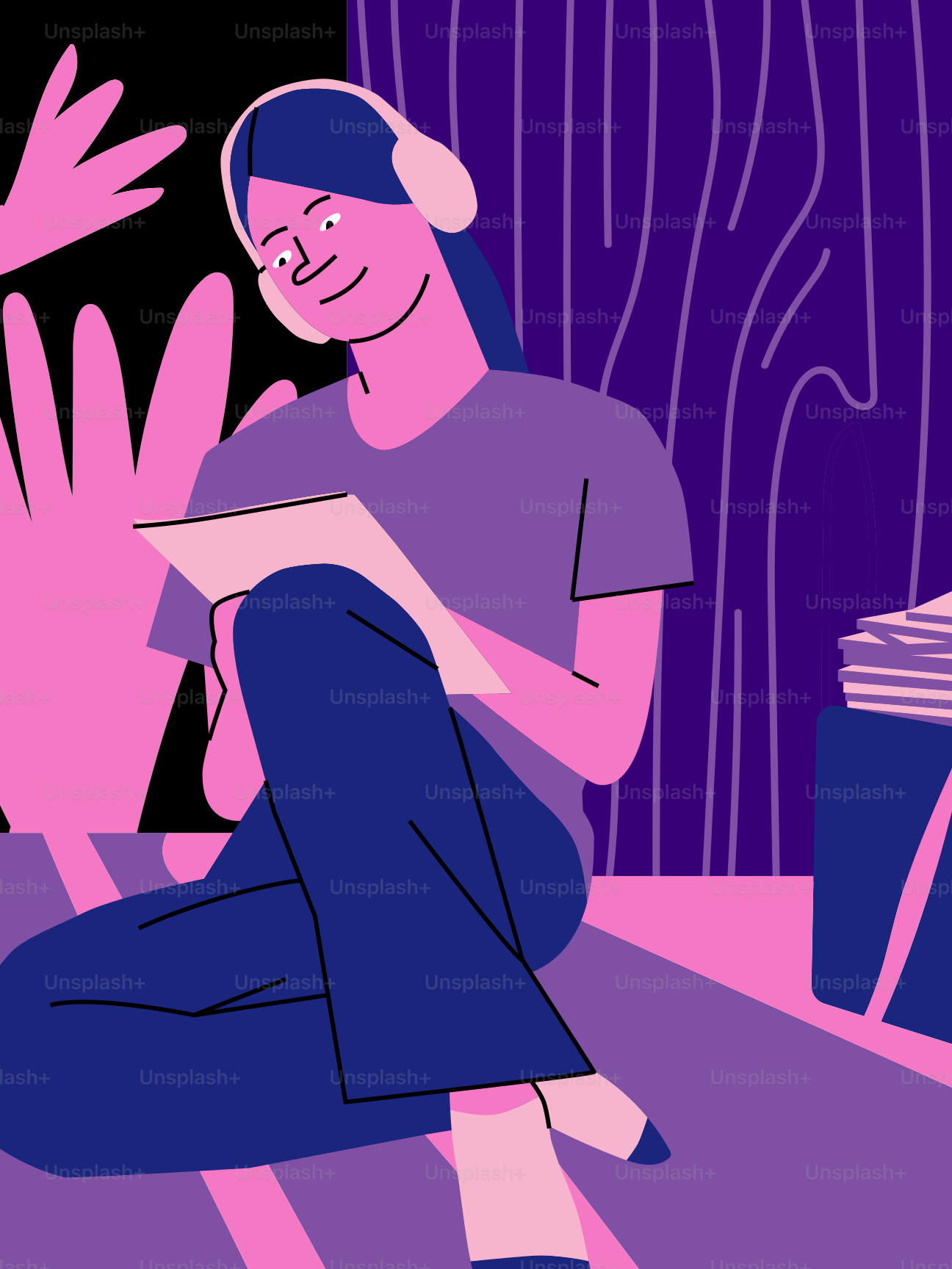 A woman enjoys music while reading a book.