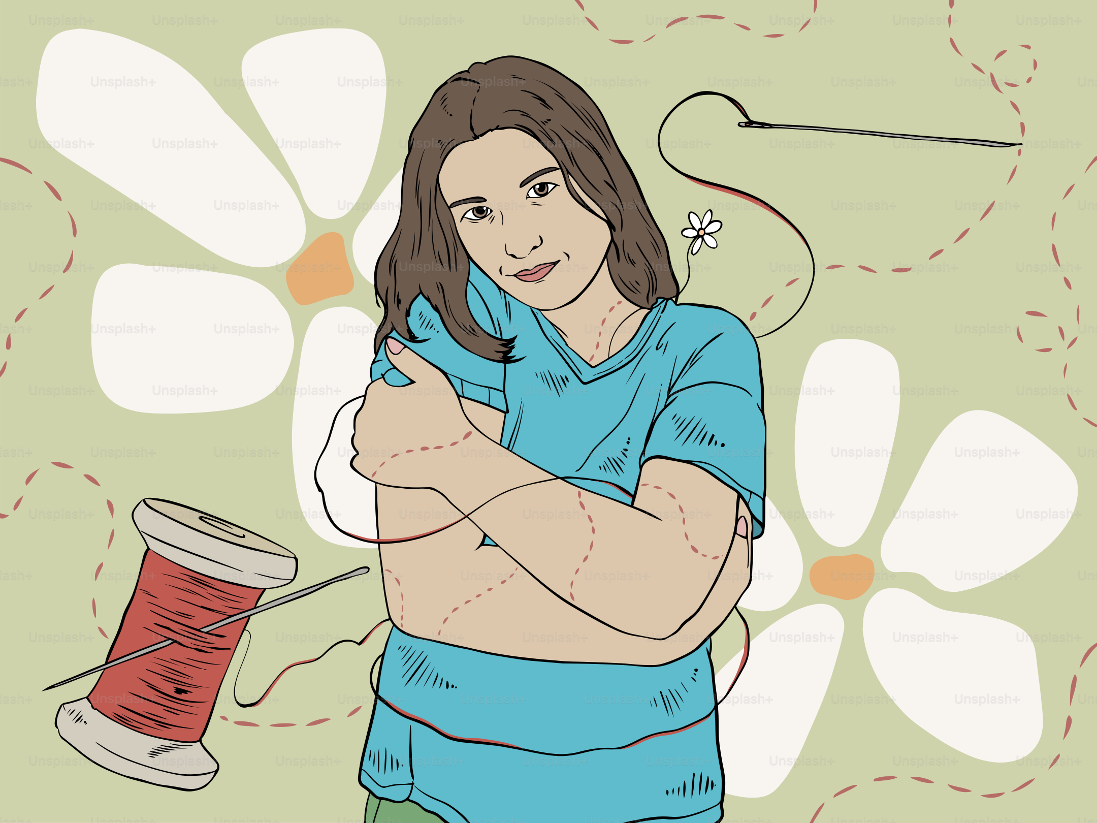 Woman hugs herself with thread and needle.