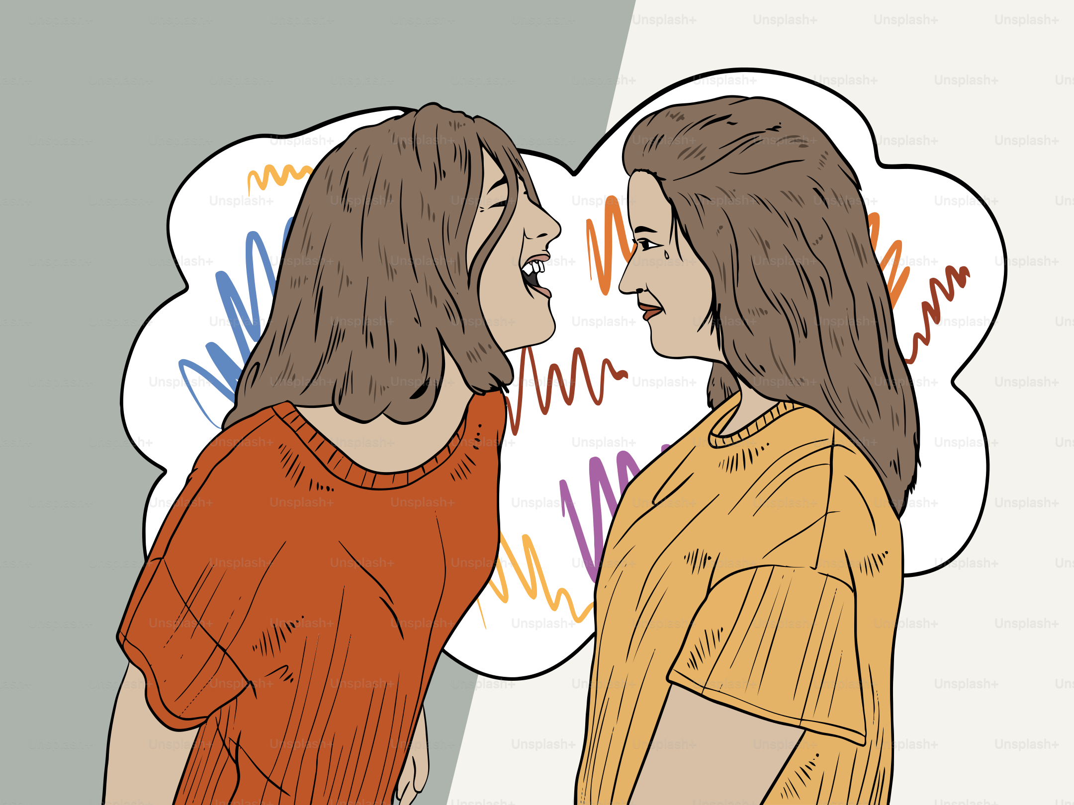 Two women are talking, a speech bubble in between.