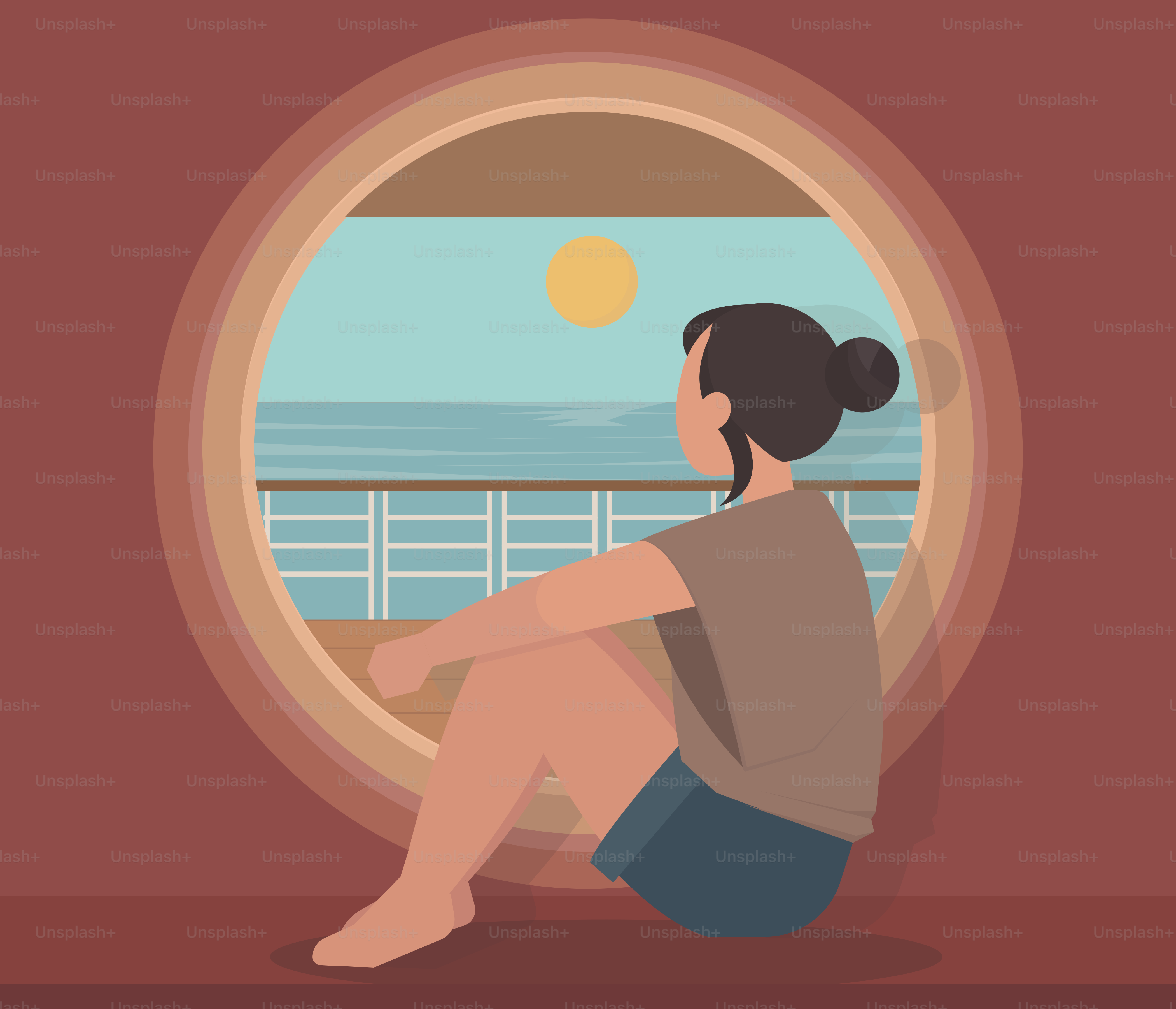 Woman gazes out a porthole at the ocean.