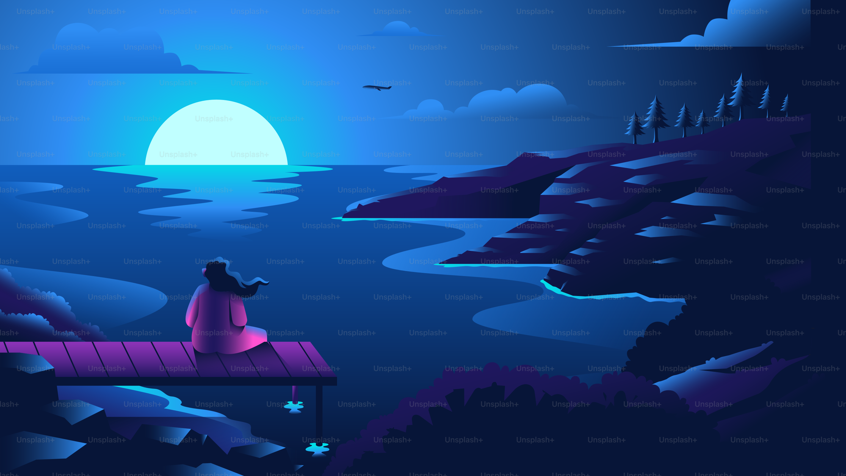 A person sits contemplating the sunset at the coast.