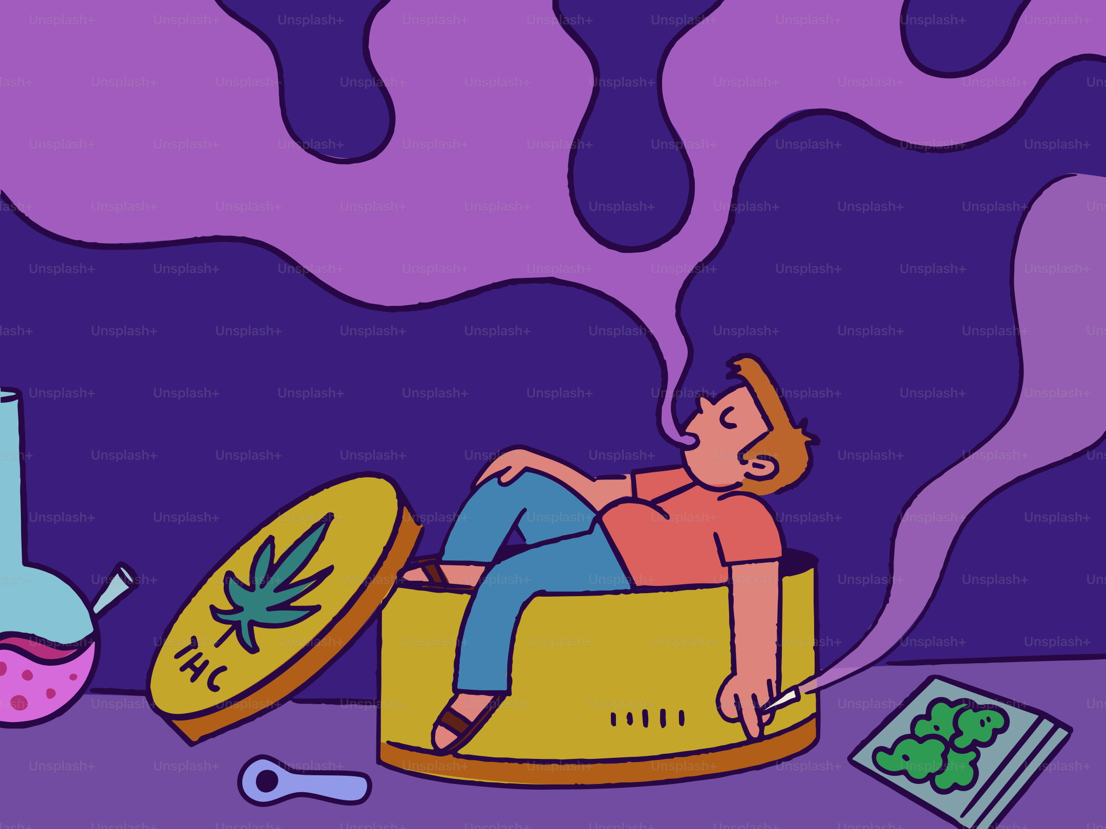 漫画の男が黄色い箱でマリファナを吸っている。