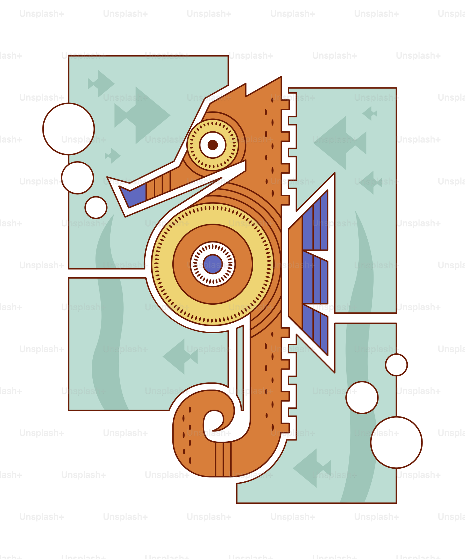 Ein stilisiertes Seepferdchen schwimmt im Ozean.