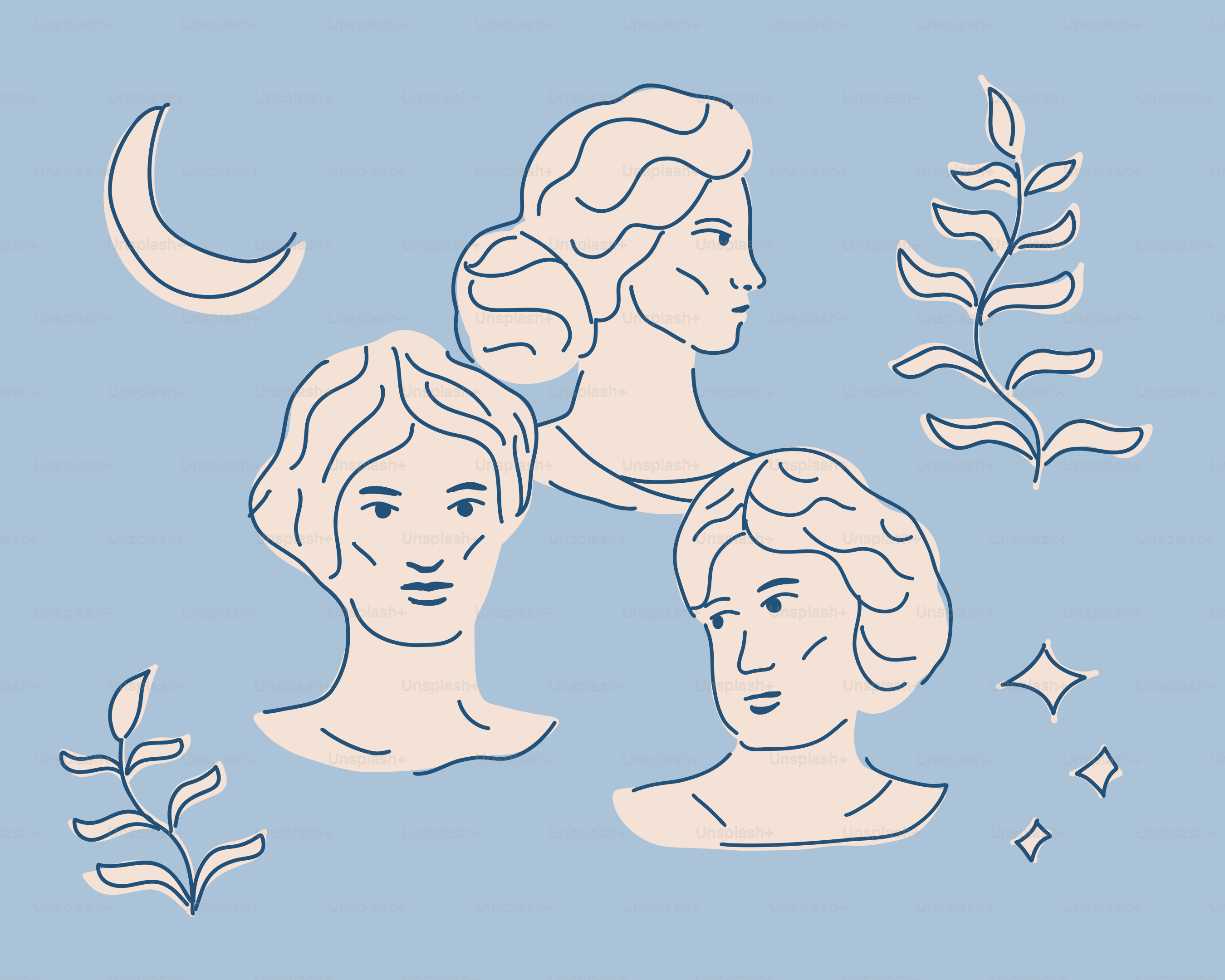 Three busts, moon, plants, and stars on a blue background.