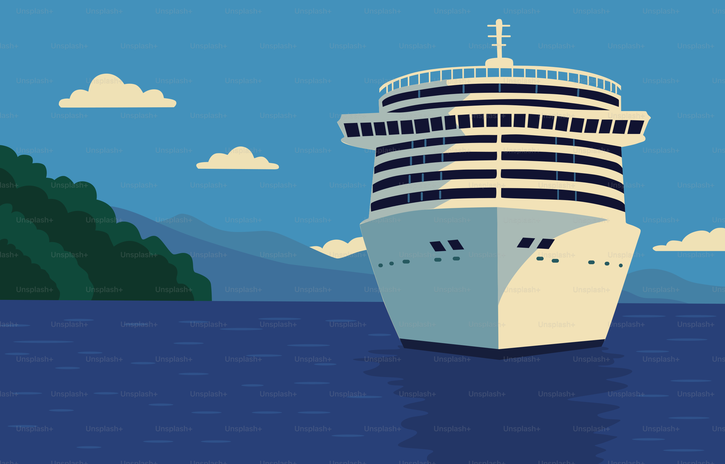 A cruise ship sails on the blue ocean.