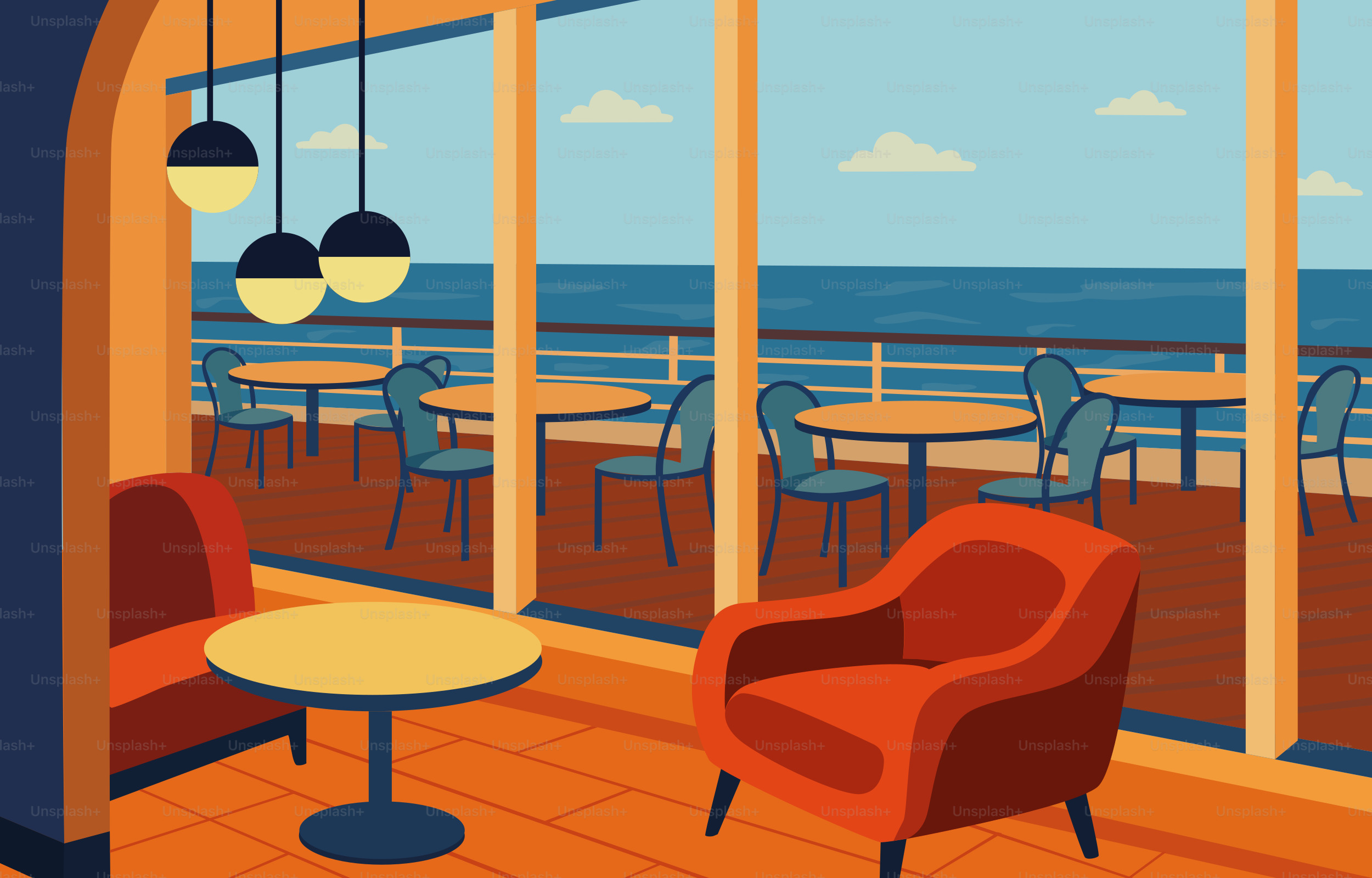 A cozy cafe offers scenic ocean views.