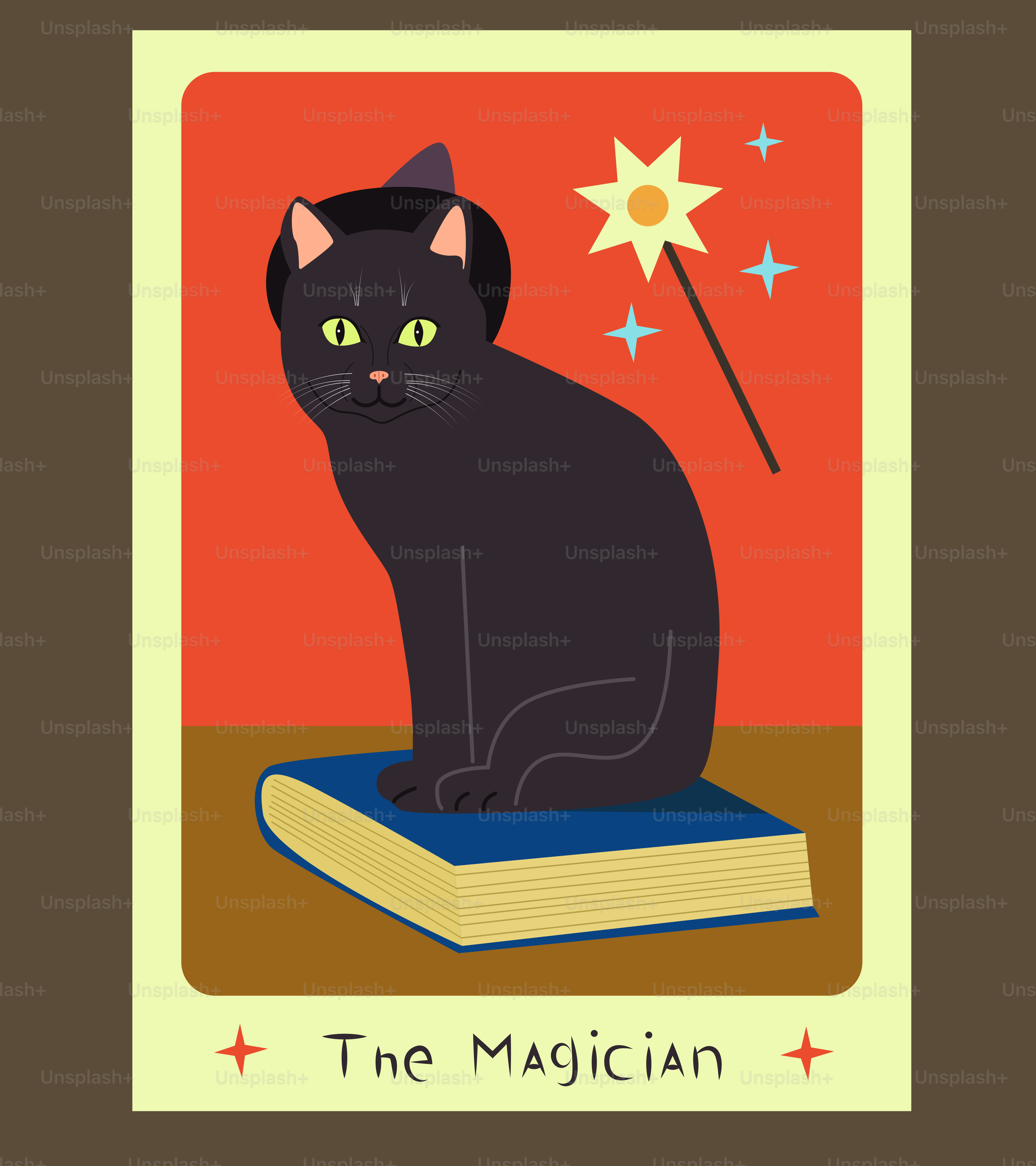 Der Zauberer: Eine magische Katze sitzt auf einem Buch.