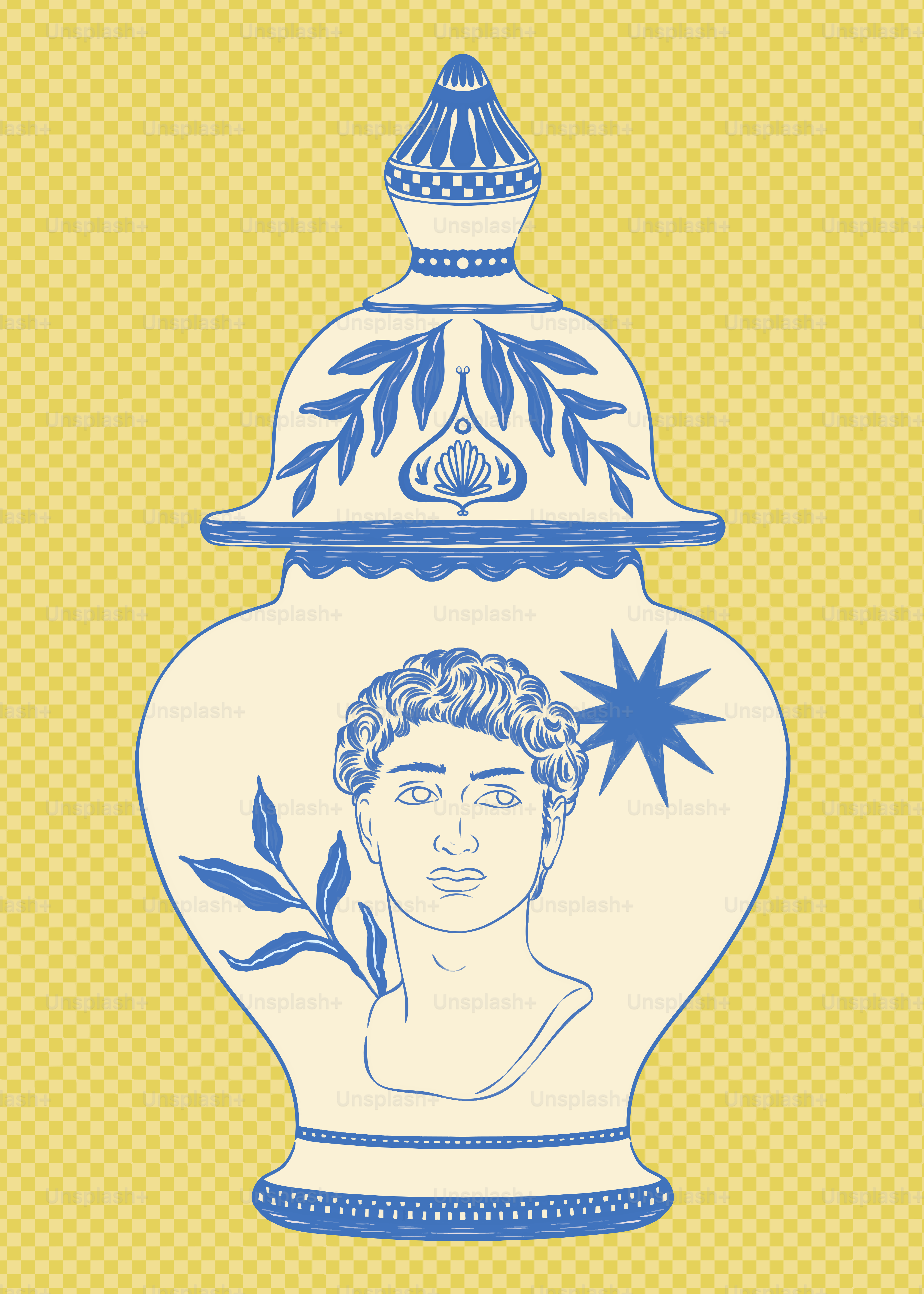 A decorative vase features a statue's head.