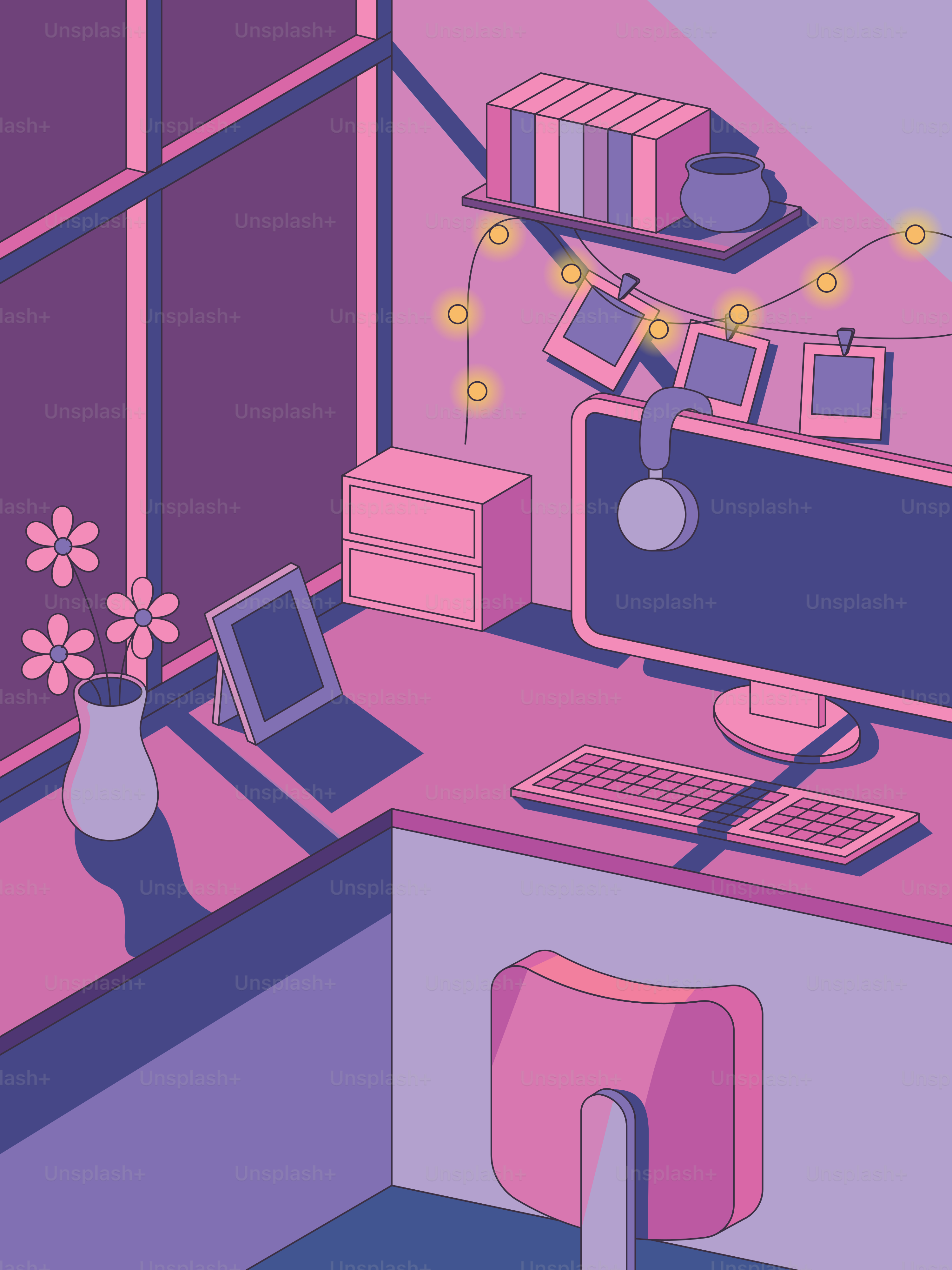 Cozy desk corner with computer, flowers, and decor.