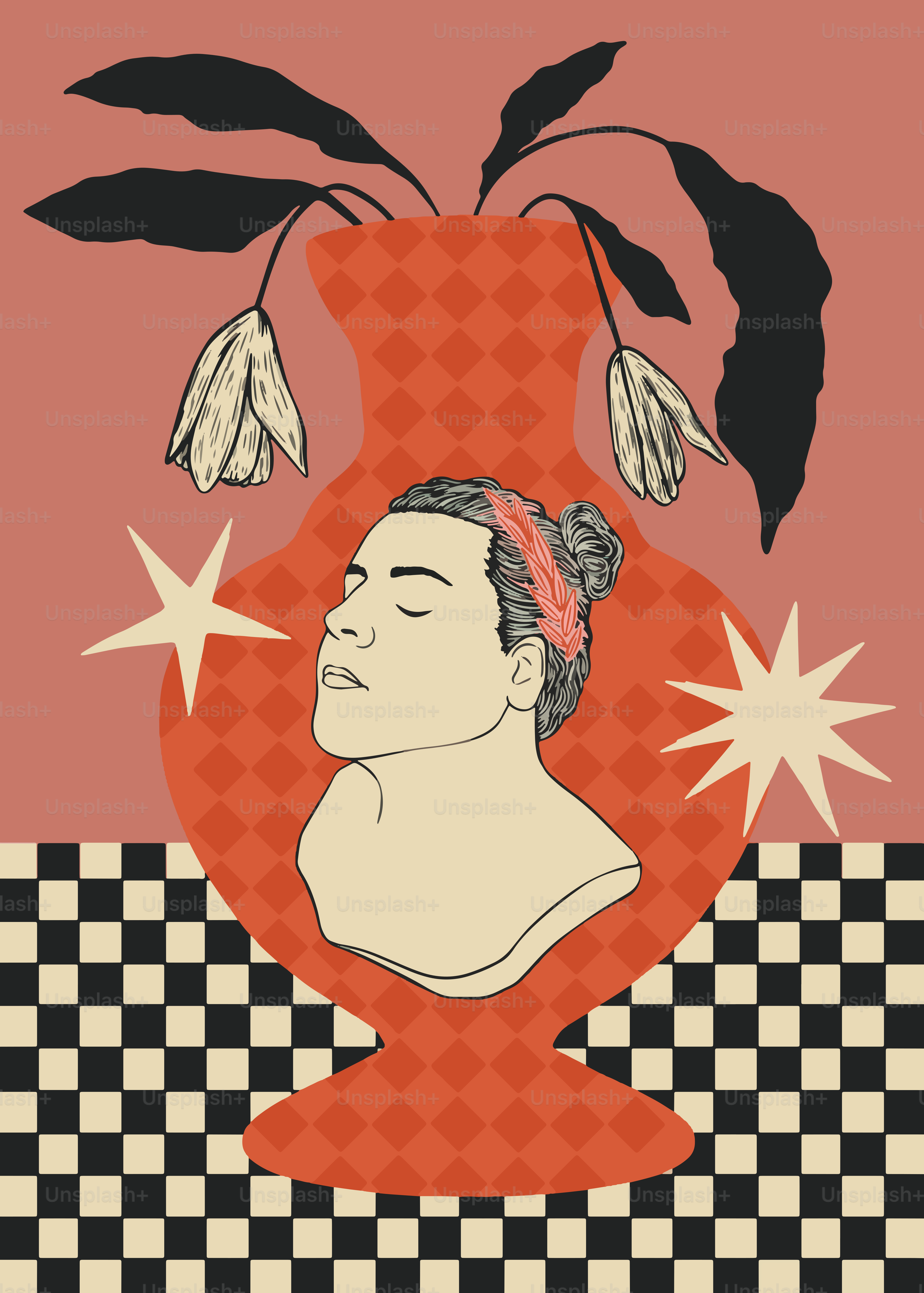 A woman's bust is within a vase.