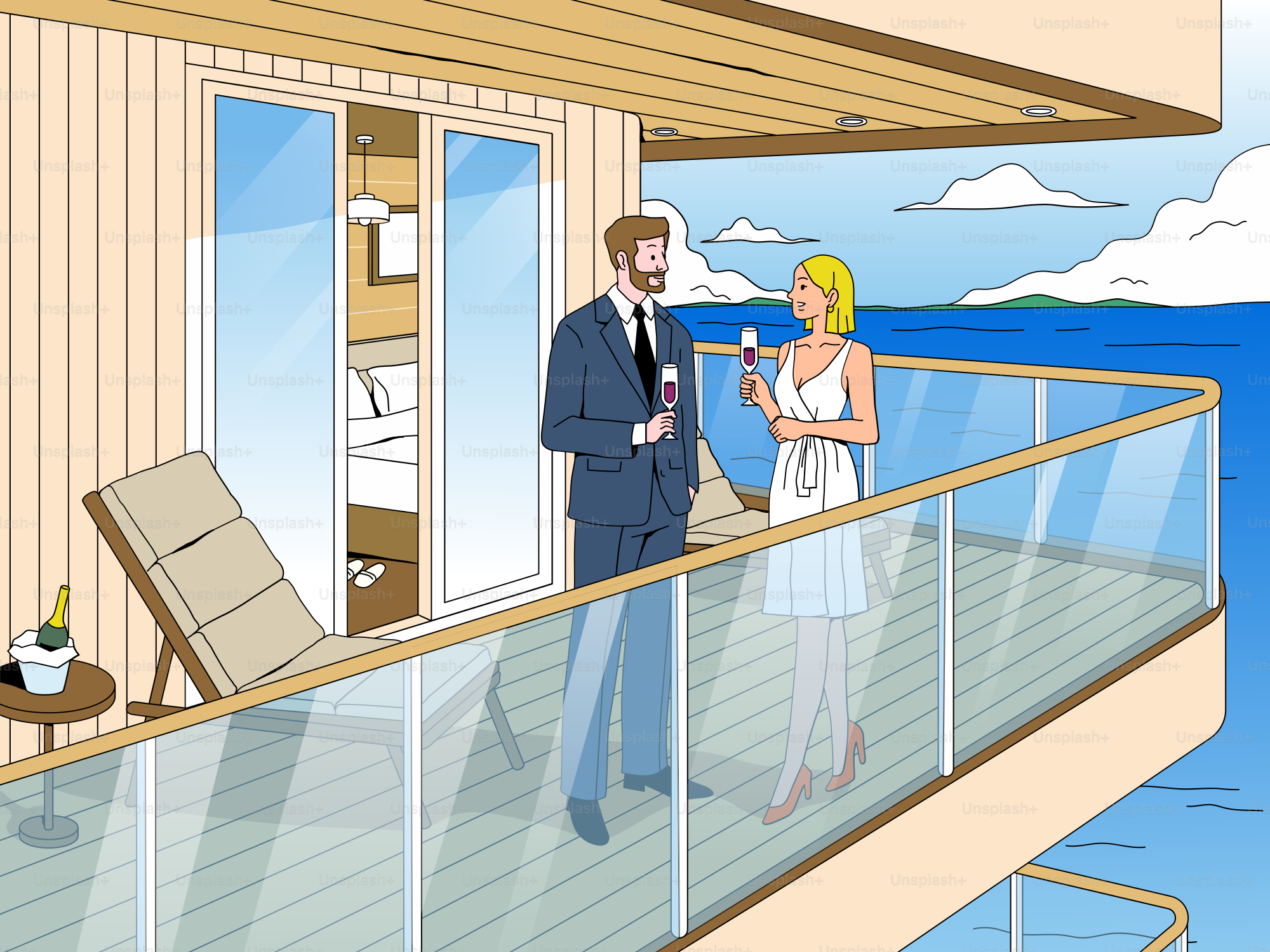 Couple enjoys drinks on a balcony overlooking the ocean.