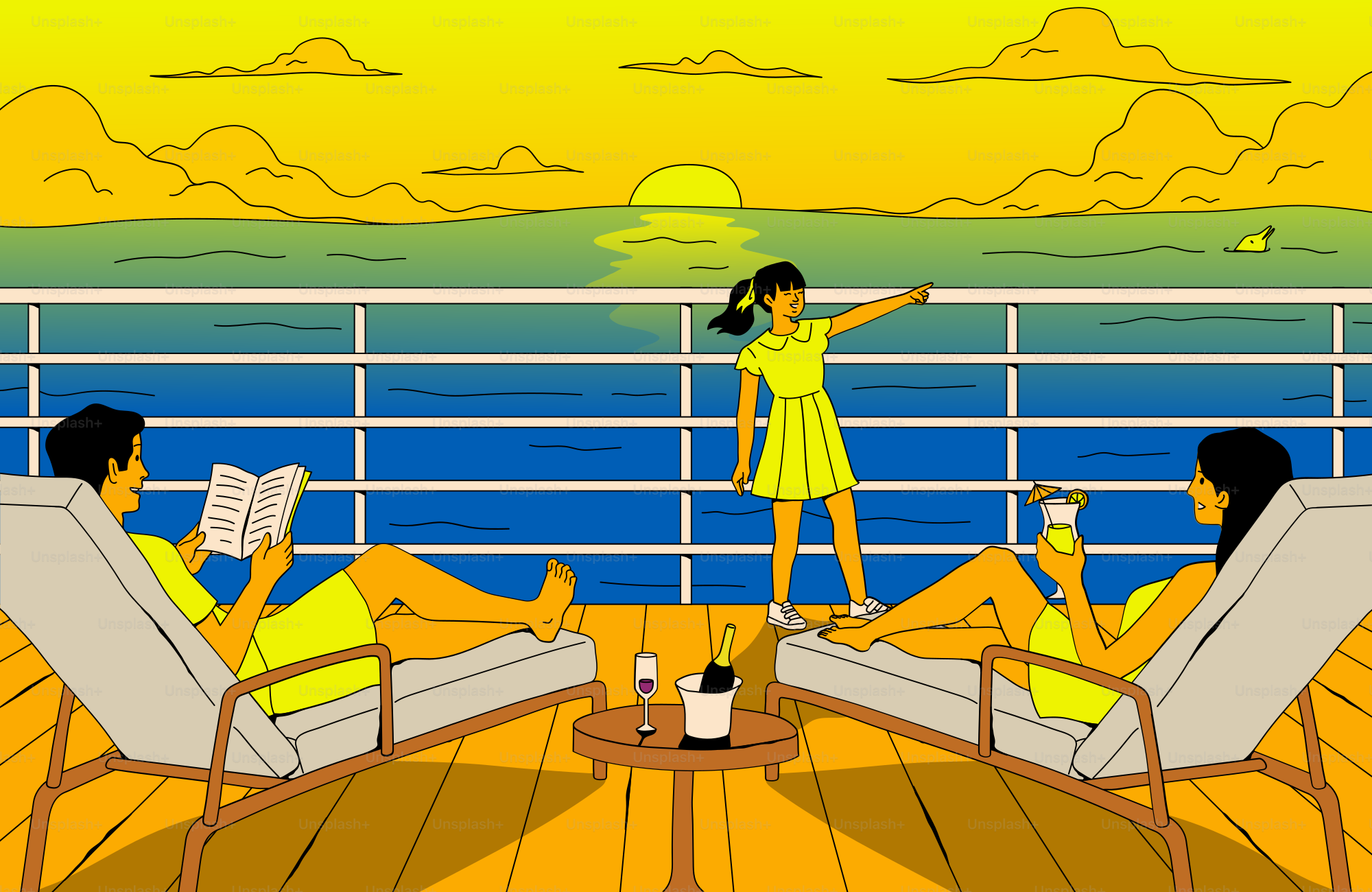 Family enjoys a cruise on a beautiful sunset.